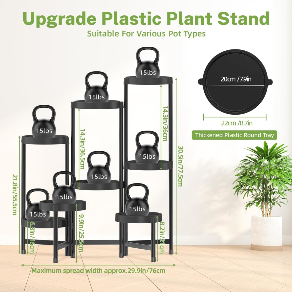 iDavosic.ly 8 Tier Folding Plant Stand Indoor Outdoor, Plastic Tray, Black thumbnail 5