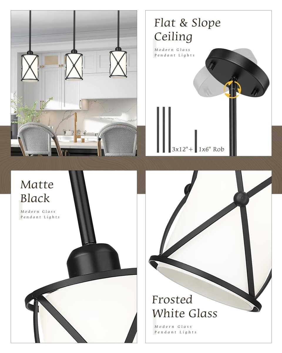 Osimir Glass Pendant Lights Kitchen Island, 2 Pack Modern Black Pendant Light Fixtures with Frosted Glass and Rod, Mid Century Cage Pendant Light for Kitchen Sink Dining Room, CH9176BKW-2PK thumbnail 2
