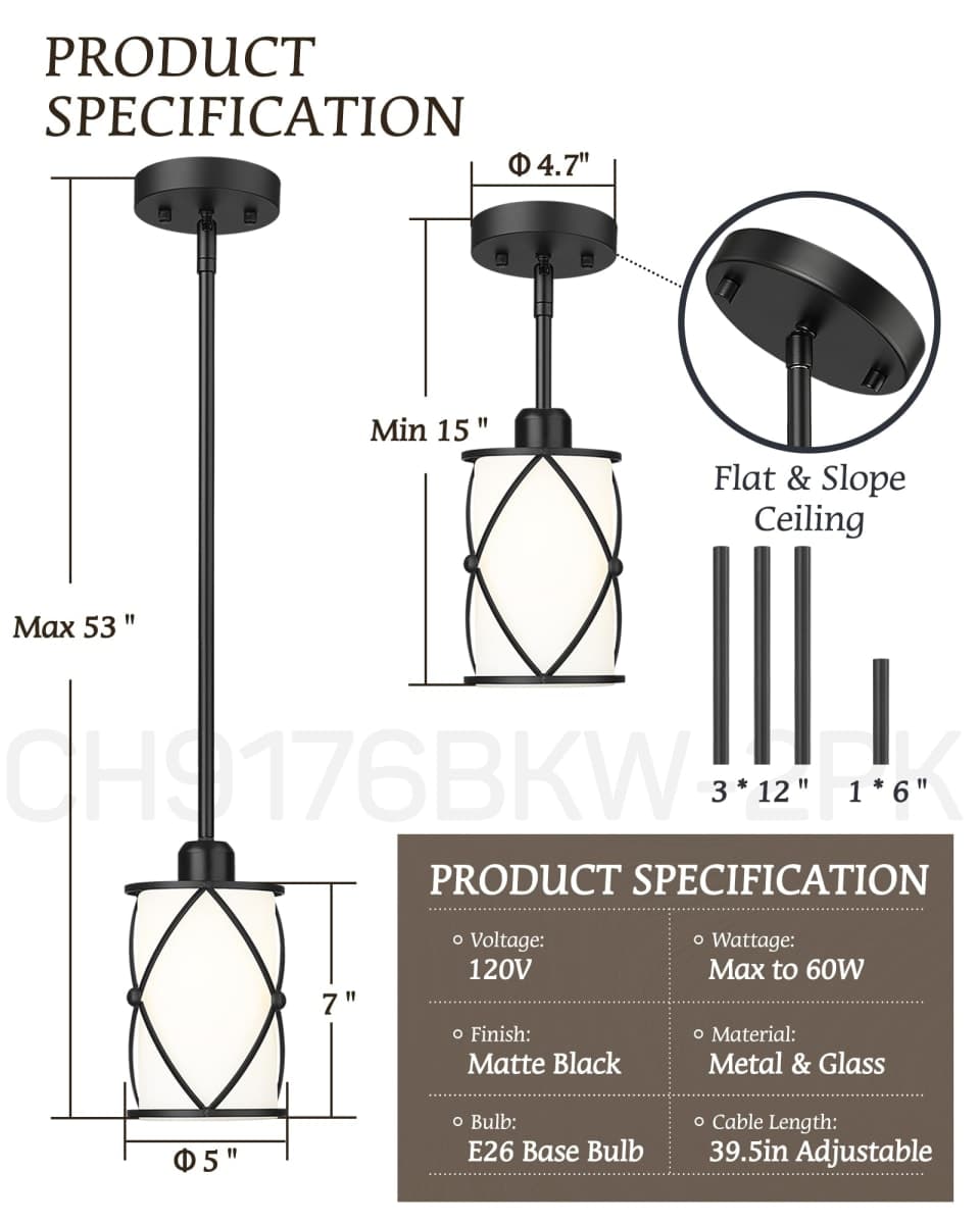 Osimir Glass Pendant Lights Kitchen Island, 2 Pack Modern Black Pendant Light Fixtures with Frosted Glass and Rod, Mid Century Cage Pendant Light for Kitchen Sink Dining Room, CH9176BKW-2PK thumbnail 3