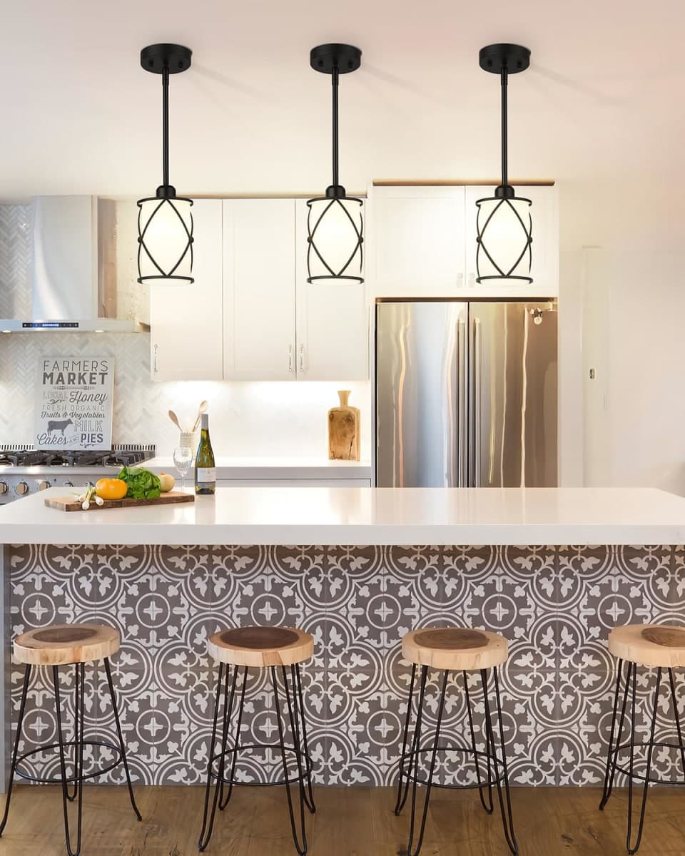 Osimir Glass Pendant Lights Kitchen Island, 2 Pack Modern Black Pendant Light Fixtures with Frosted Glass and Rod, Mid Century Cage Pendant Light for Kitchen Sink Dining Room, CH9176BKW-2PK thumbnail 5