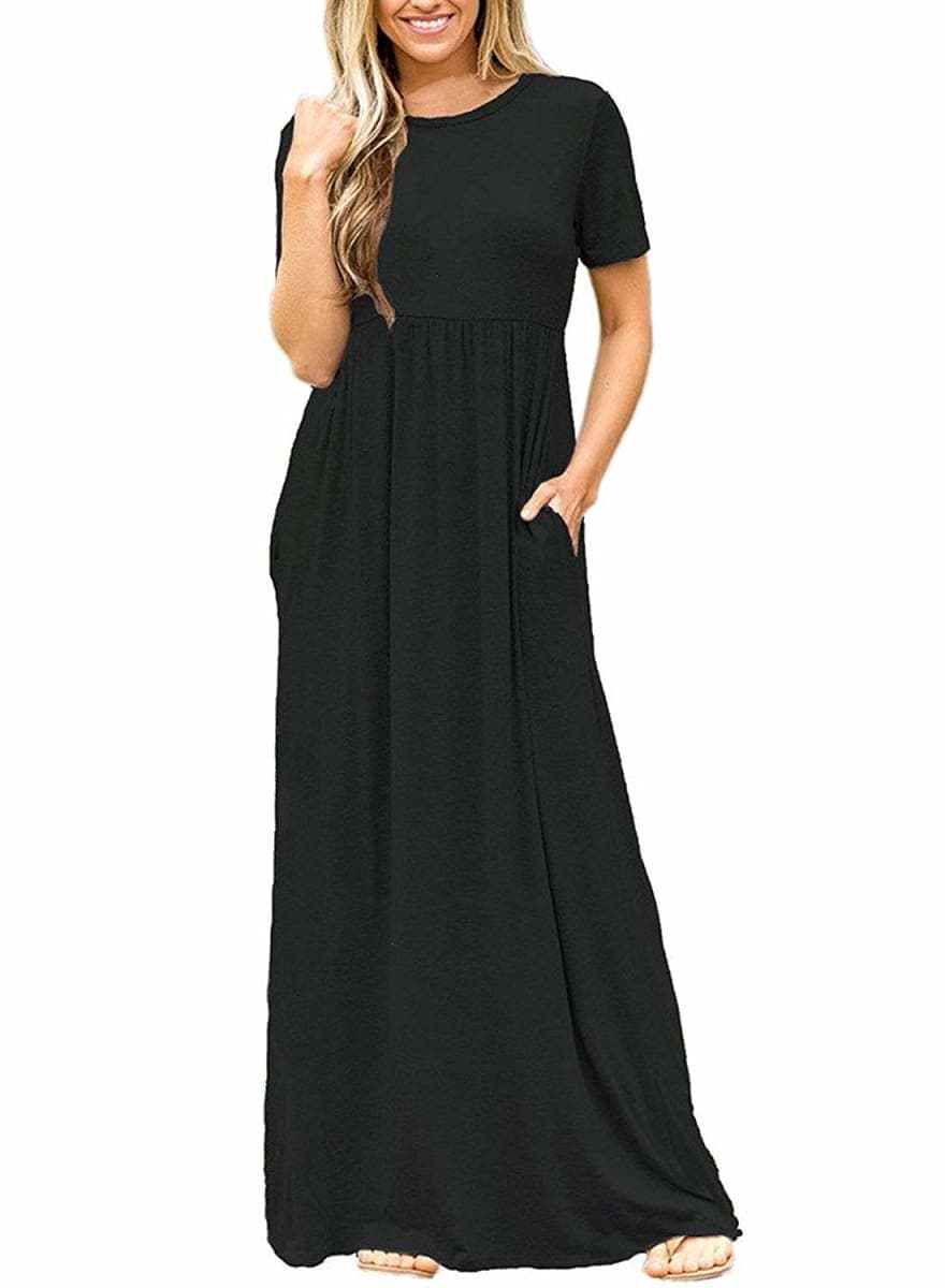 DEARCASE Maxi Dress for Women Black Large Maternity Crewneck Short Sleeves Wedding Guest A-line Casual Party Vintage Spring Summer Long Dresses with Pockets thumbnail 2