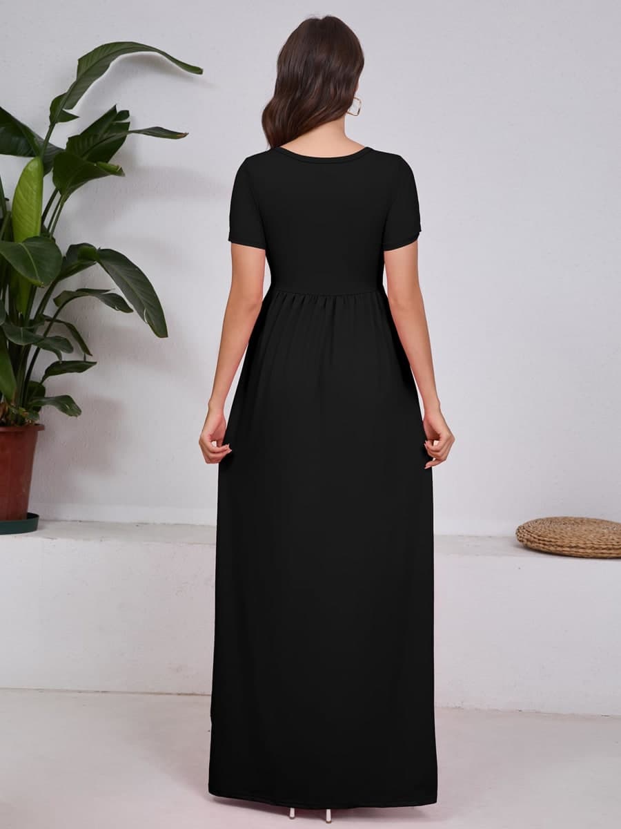 DEARCASE Maxi Dress for Women Black Large Maternity Crewneck Short Sleeves Wedding Guest A-line Casual Party Vintage Spring Summer Long Dresses with Pockets thumbnail 3