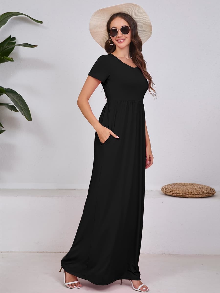 DEARCASE Maxi Dress for Women Black Large Maternity Crewneck Short Sleeves Wedding Guest A-line Casual Party Vintage Spring Summer Long Dresses with Pockets thumbnail 5