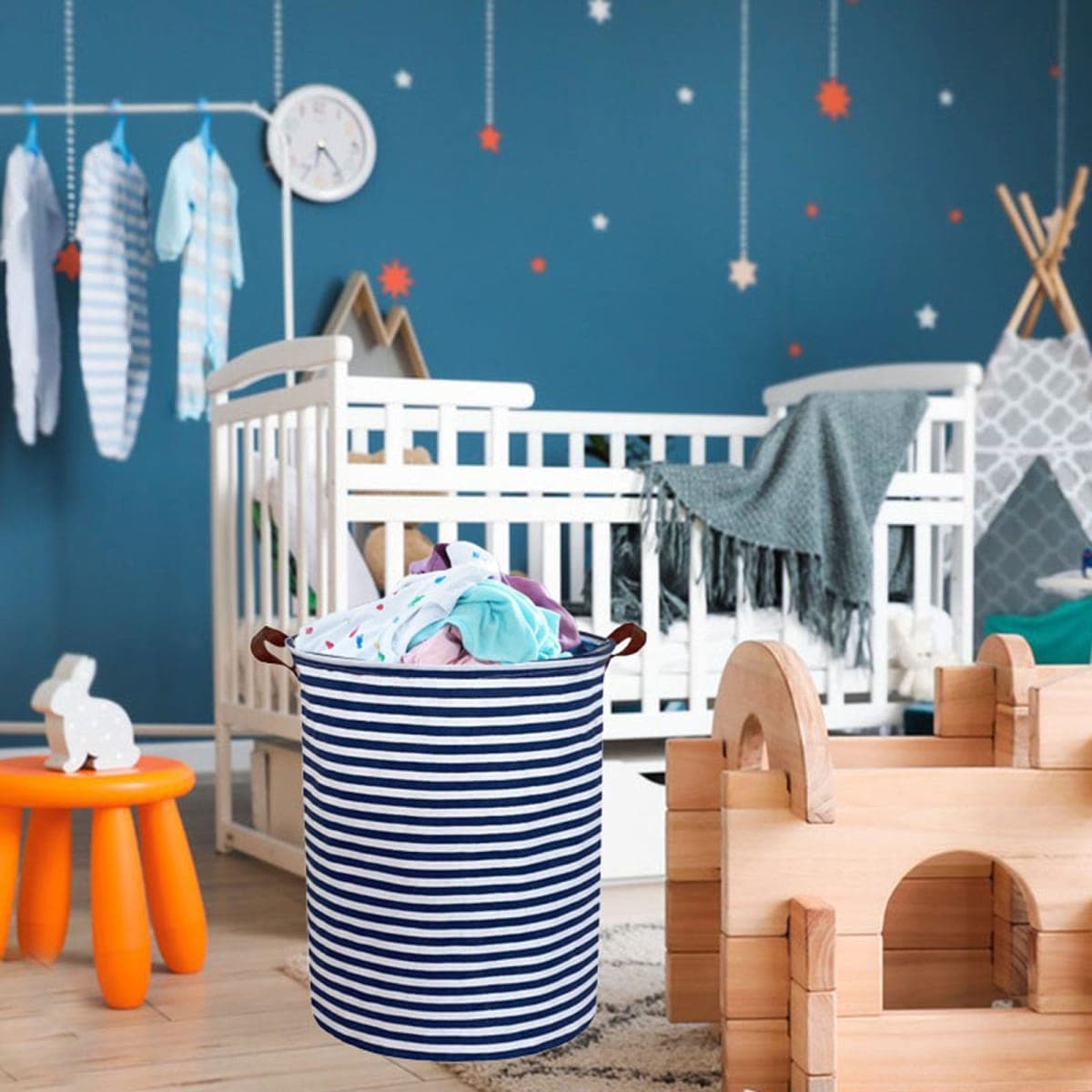 ESSME Kids Laundry Hamper,Boys laundry basket,Collapsible Bule storage basket with Waterproof PE Coating,Canvas Fabric Nursery Hamper for Kids Room Decor,Gift,Baby Clothing.(Navy Blue stripes) thumbnail 2