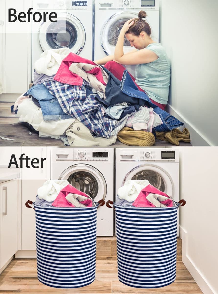 ESSME Kids Laundry Hamper,Boys laundry basket,Collapsible Bule storage basket with Waterproof PE Coating,Canvas Fabric Nursery Hamper for Kids Room Decor,Gift,Baby Clothing.(Navy Blue stripes) thumbnail 3