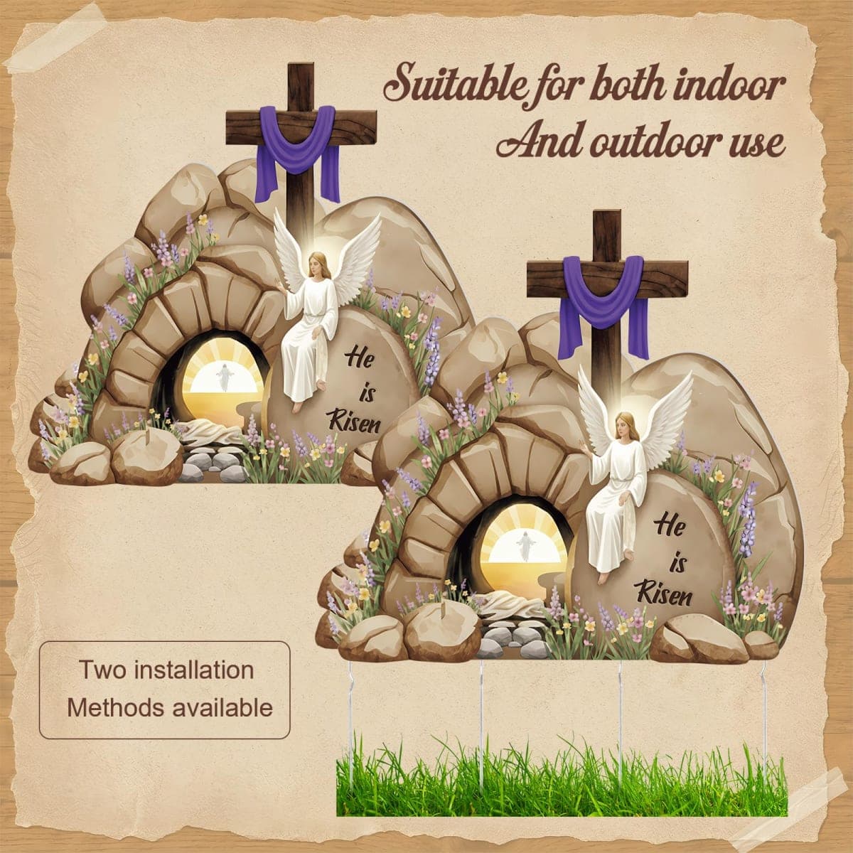 Vercraft Empty Tomb Easter Scene Plastic Board with Rock Set 39.6 x 24 Inch Stand up Tomb with Cross on Top Cutout Christian Jesus Nativity Scene He is Risen for Jesus Religious Sunday Church Decor thumbnail 4