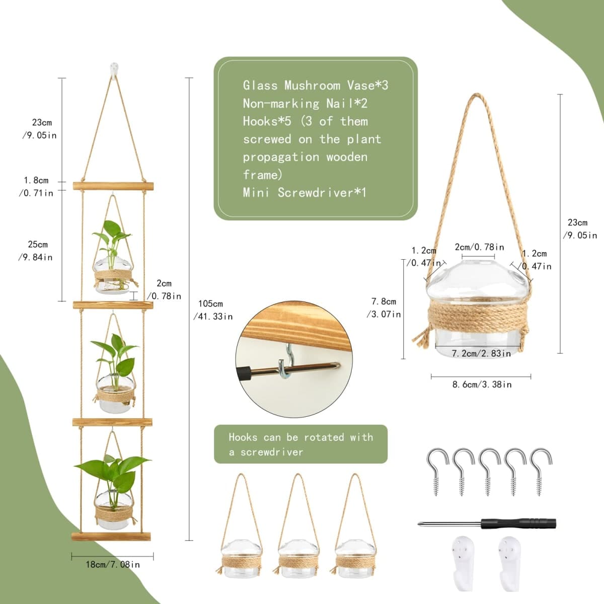 XXXFLOWER 3 Tiered Mushroom Glass Vase Wall Planter Hydroponic Propagation Station with Hanging Herb Cuttings Vase for Hydroponic Plant Decor for Living Room Indoor Outdoor Multi-Space thumbnail 2