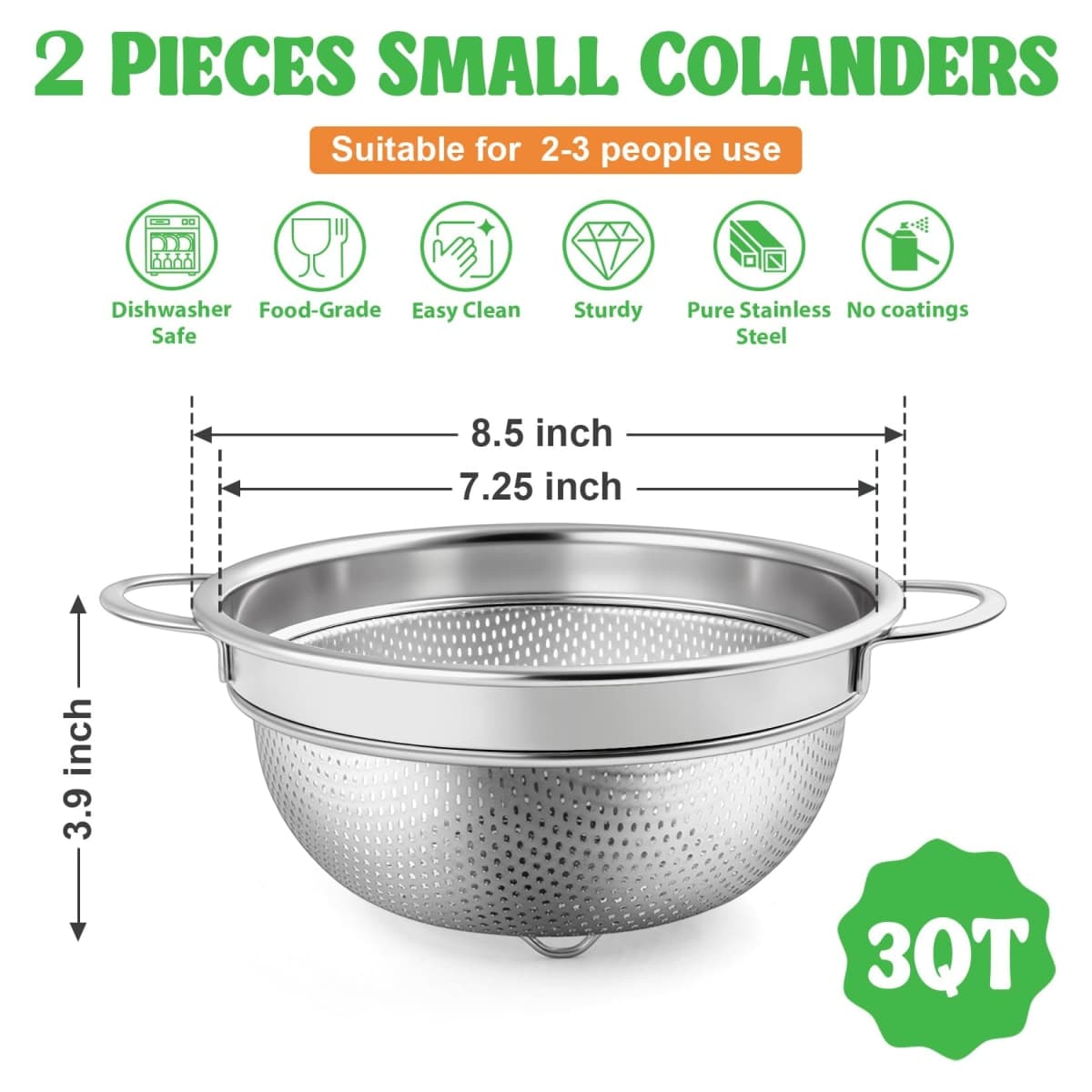 P&P CHEF 3 Quart Colander Strainer Stainless Steel Kitchen,2PCS thumbnail 2