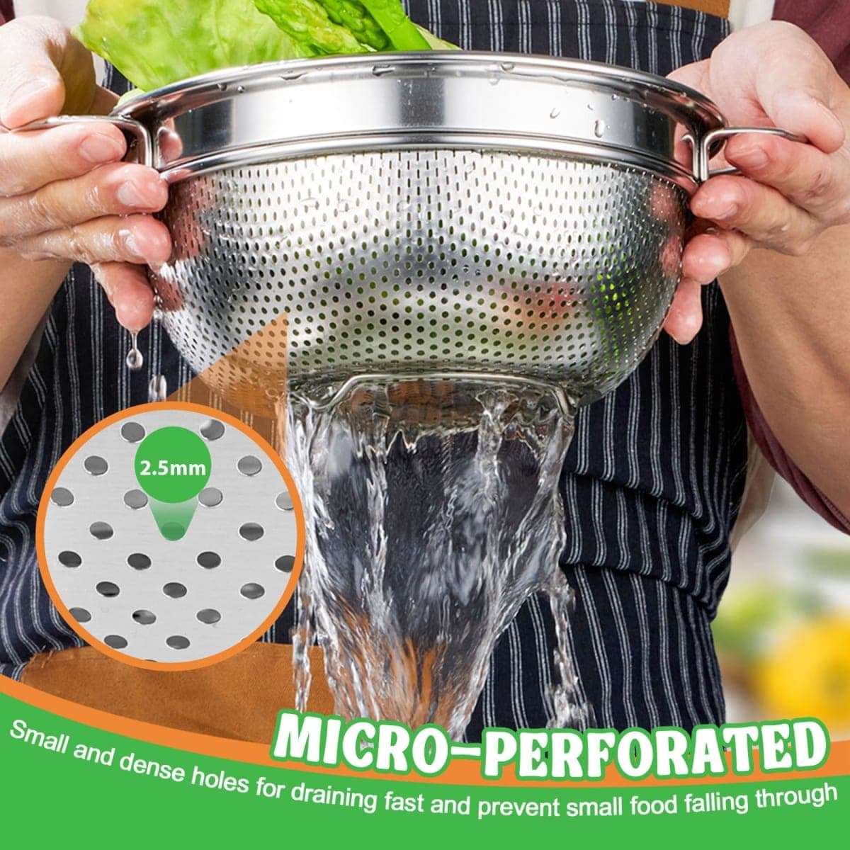 P&P CHEF 3 Quart Colander Strainer Stainless Steel Kitchen,2PCS thumbnail 3