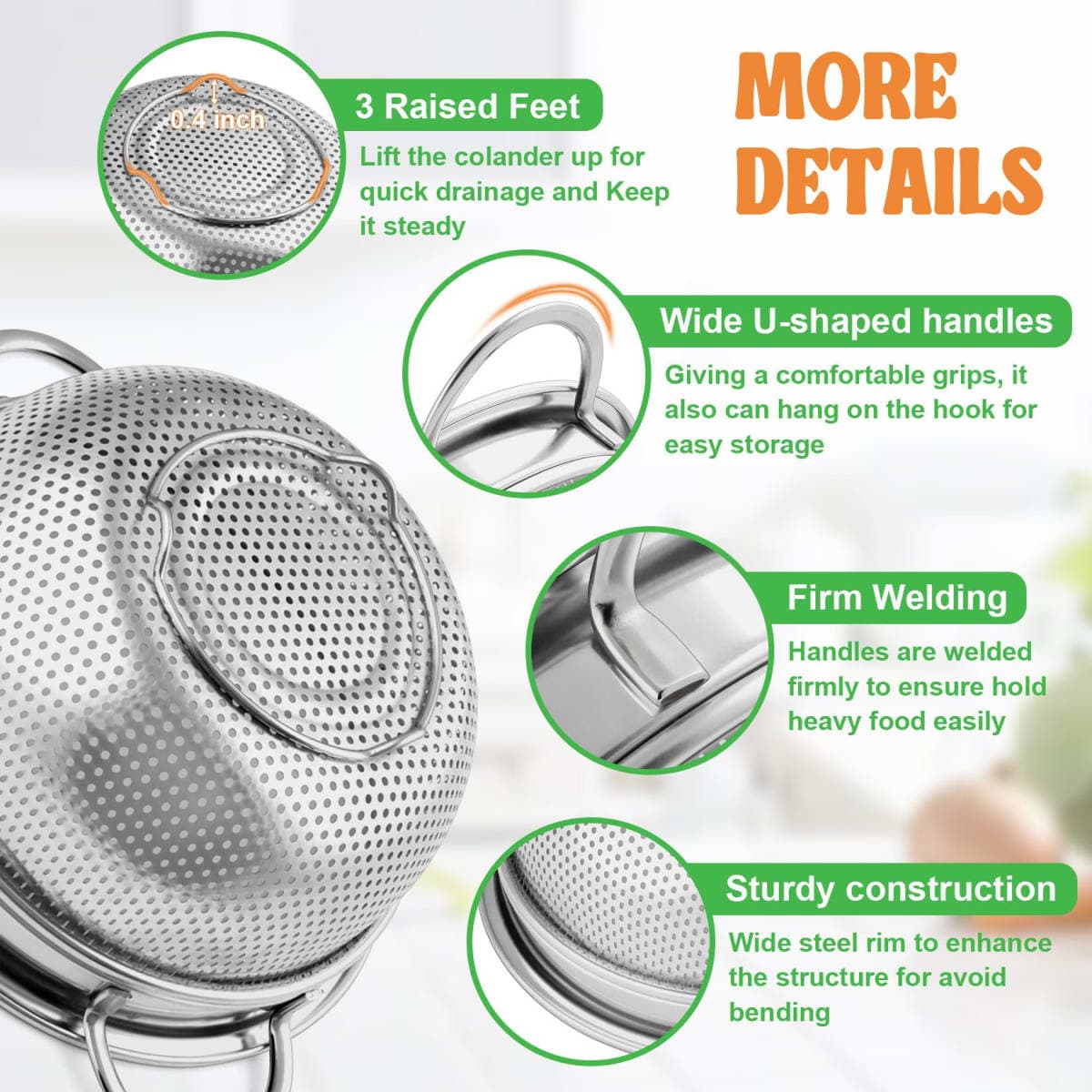 P&P CHEF 3 Quart Colander Strainer Stainless Steel Kitchen,2PCS thumbnail 4