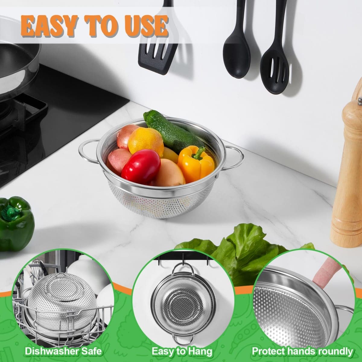 P&P CHEF 3 Quart Colander Strainer Stainless Steel Kitchen,2PCS thumbnail 5