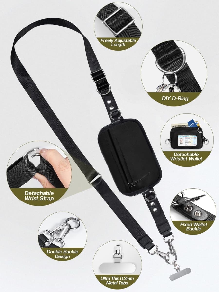 Tiostep Clip and Go Strap for Phone with Wallet Crossbody Phone Lanyard Adjustable and Detachable RFID Wristlet Wallet with ID Window and Zippered, Black thumbnail 4