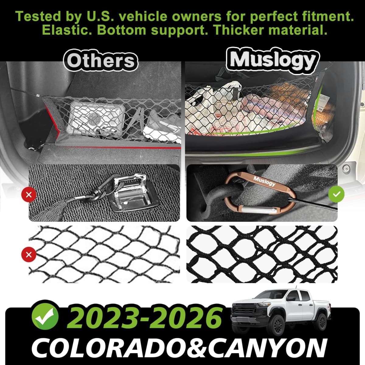 Muslogy Truck Bed Cargo Net Compatible with Chevrolet Colorado & GMC Canyon 2023 2024 Accessories Storage Organizer Pickup Truck Bed Envelope Style Cargo Net with Heavy Duty Carabiners thumbnail 4