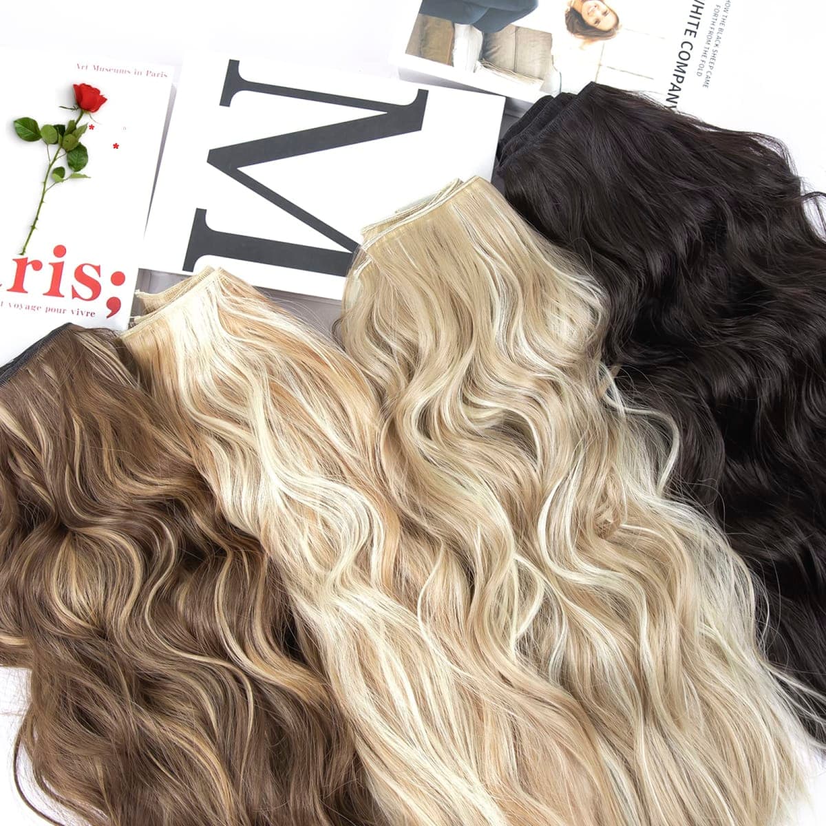 Clip in Hair Extensions, 20 Inches Wavy Synthetic Hair Extensions Clip ins, Long and Soft, for Women and Girls (Medium Brown Mixed Bleach Blonde) thumbnail 5