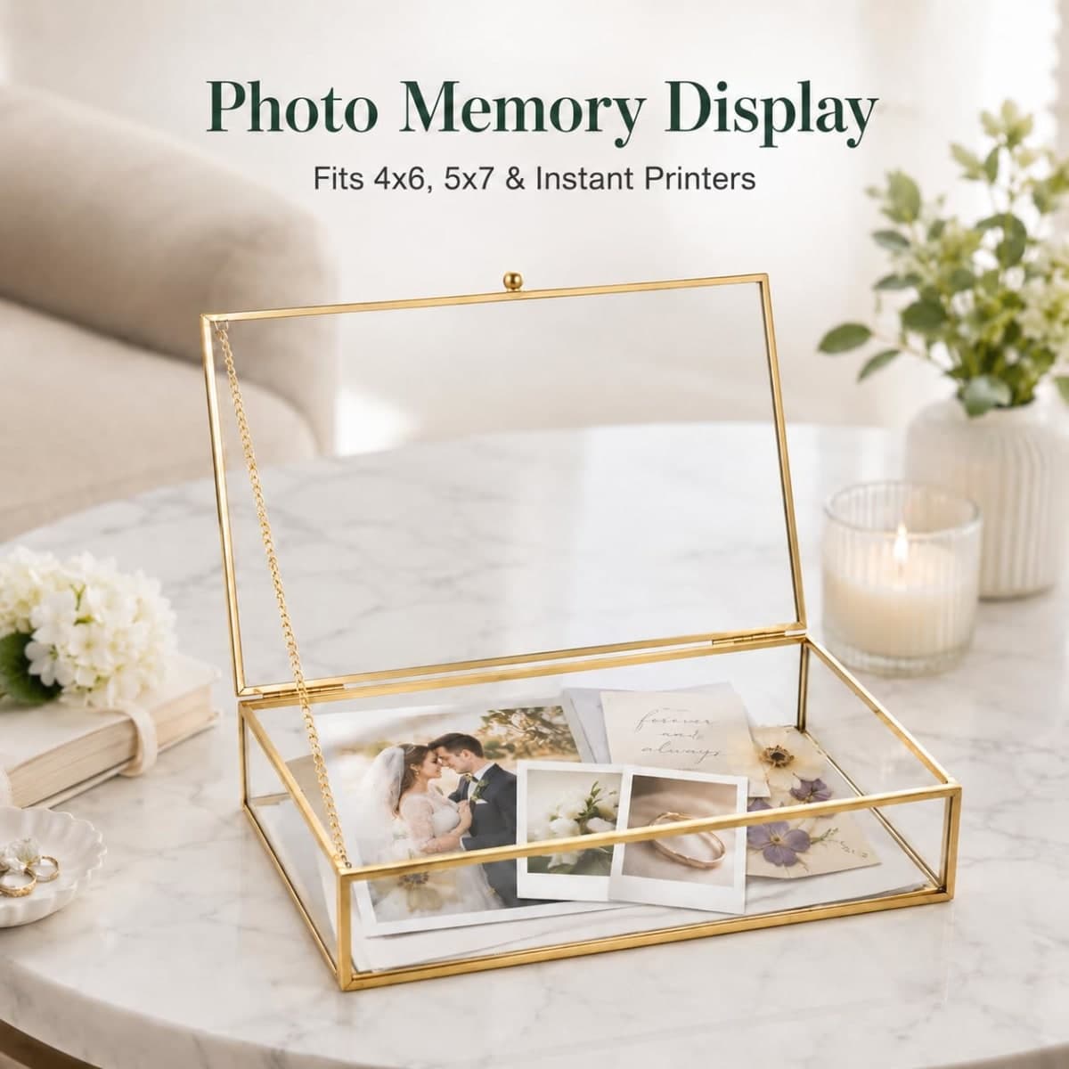 Feyarl Gold Clear Glass Jewelry Trinket Box Photo Cards Shadow Organizer Collection Display Case Decorative Keepsake Box with Lid for Home Deco thumbnail 2