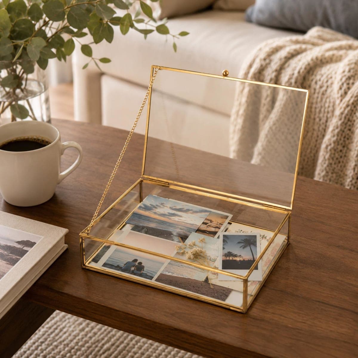 Feyarl Gold Clear Glass Jewelry Trinket Box Photo Cards Shadow Organizer Collection Display Case Decorative Keepsake Box with Lid for Home Deco thumbnail 4