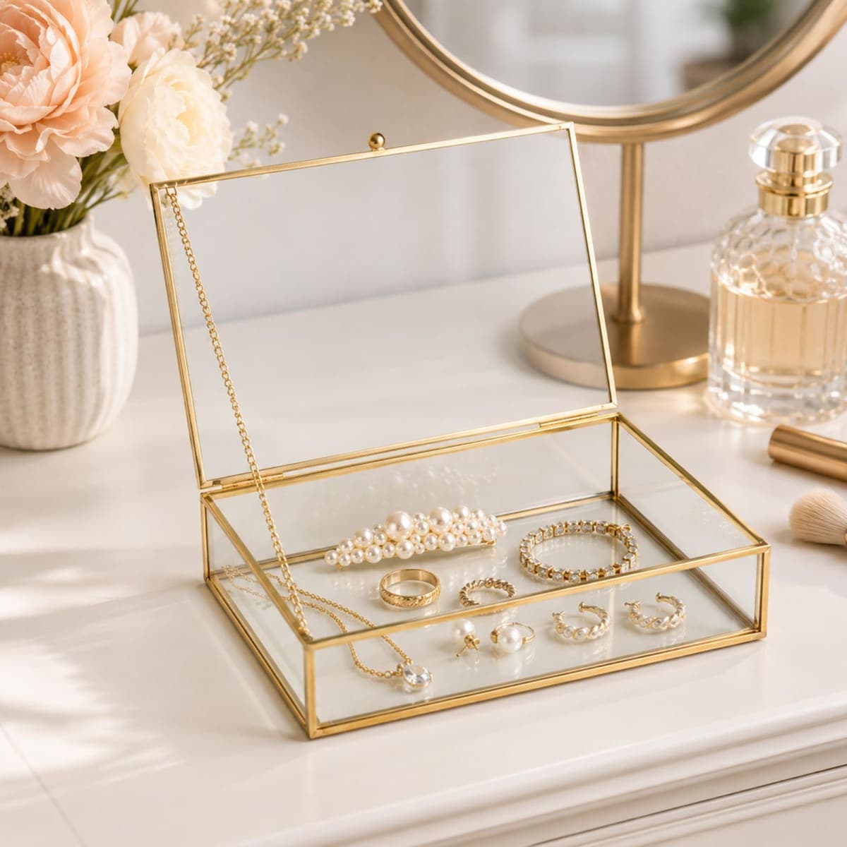 Feyarl Gold Clear Glass Jewelry Trinket Box Photo Cards Shadow Organizer Collection Display Case Decorative Keepsake Box with Lid for Home Deco thumbnail 5
