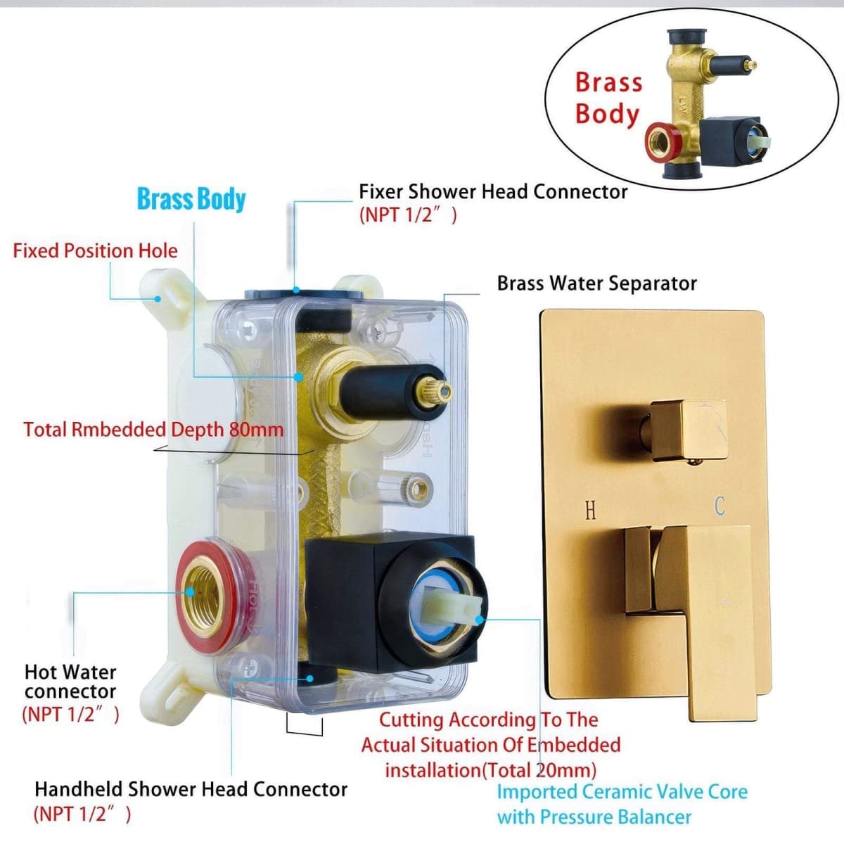 SaniteModar Shower System, 12 Inch Bathroom Shower Head, Multi-function Rainfall Square Shower Head, Wall Mounted Shower System Shower Head Trim Kit, Brushed gold thumbnail 4