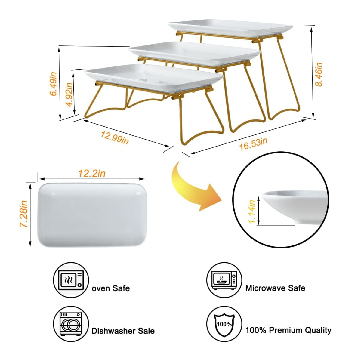 HAPPY KIT 3-Tier Porcelain Serving Tray 12in, Freely Combinable Gold Rack thumbnail 3