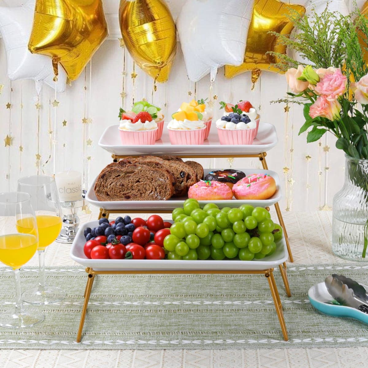 HAPPY KIT 3-Tier Porcelain Serving Tray 12in, Freely Combinable Gold Rack thumbnail 4