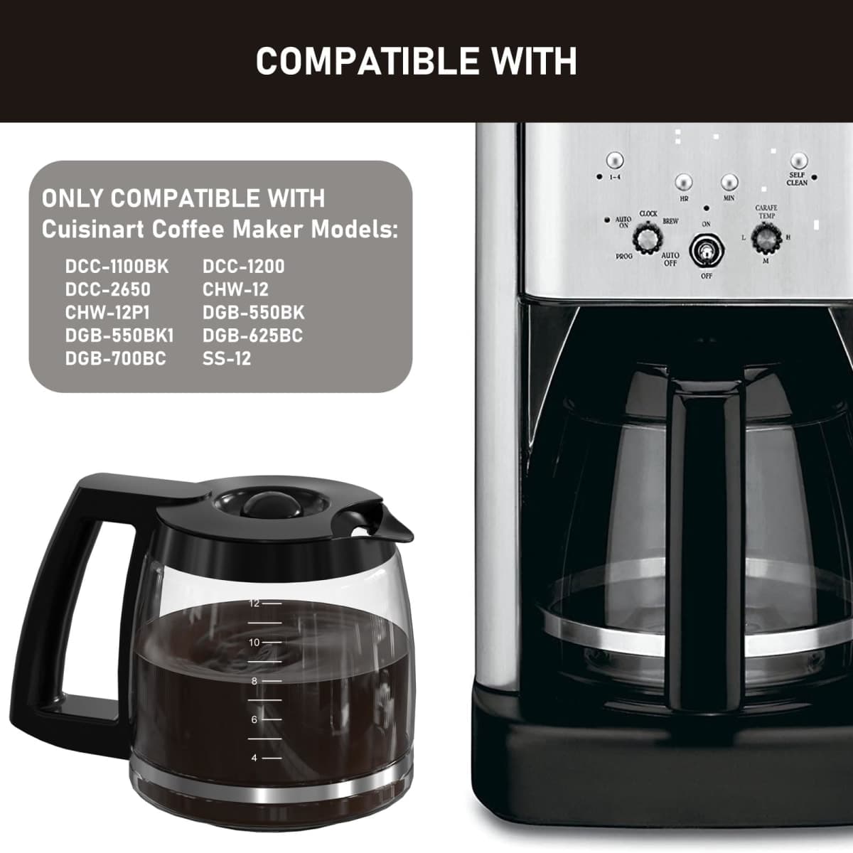 12-Cup Coffee Pot Replacement Compatible with Cuisinart Coffee Maker Models SS-12, SS-15, SS-16, DCC-1100BK, DCC-1200, DCC-2650, CHW-12P1, DGB-400, DGB-550BK, DGB-550BK1, DGB-625BC and DGB-700BC thumbnail 2