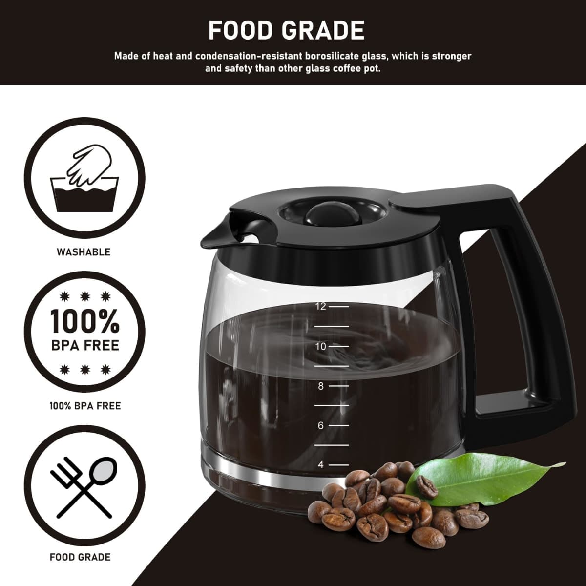 12-Cup Coffee Pot Replacement Compatible with Cuisinart Coffee Maker Models SS-12, SS-15, SS-16, DCC-1100BK, DCC-1200, DCC-2650, CHW-12P1, DGB-400, DGB-550BK, DGB-550BK1, DGB-625BC and DGB-700BC thumbnail 4