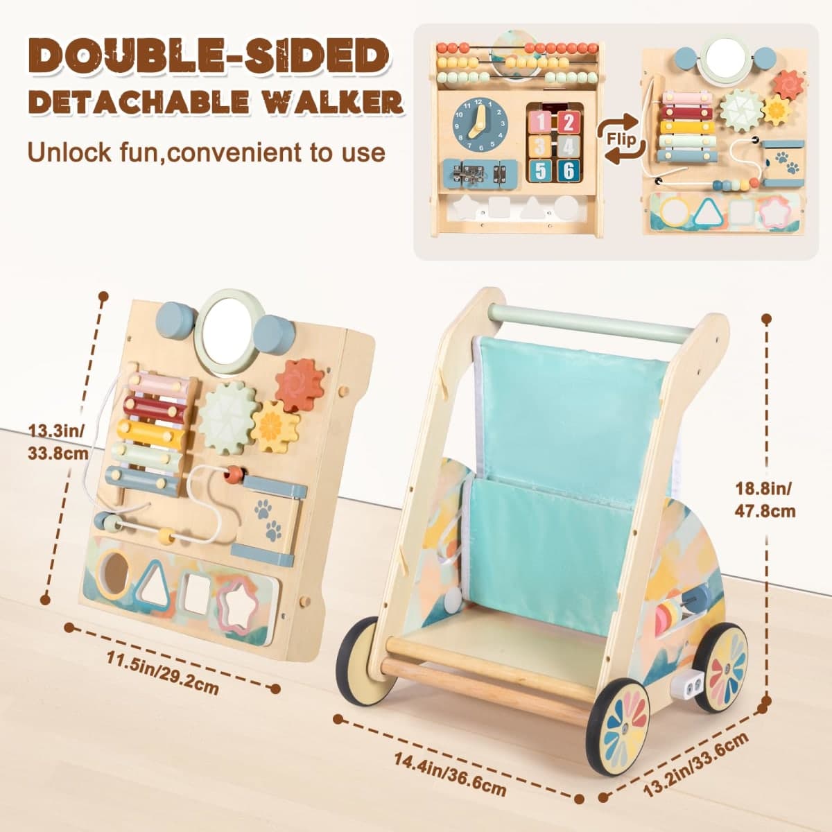 LOL-FUN Wooden Baby Walker with Detachable Busy Board, Push Walker for Baby with Adjustable Speed Wheels, Activity Learning Walker for Boys Girls 12 Months thumbnail 2