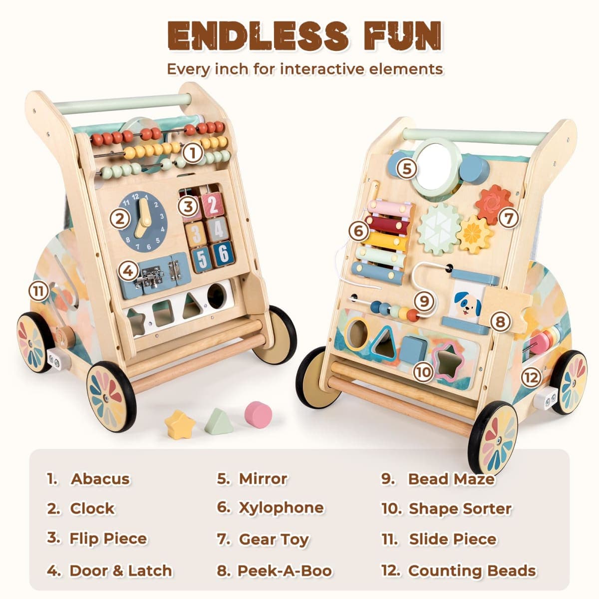 LOL-FUN Wooden Baby Walker with Detachable Busy Board, Push Walker for Baby with Adjustable Speed Wheels, Activity Learning Walker for Boys Girls 12 Months thumbnail 3