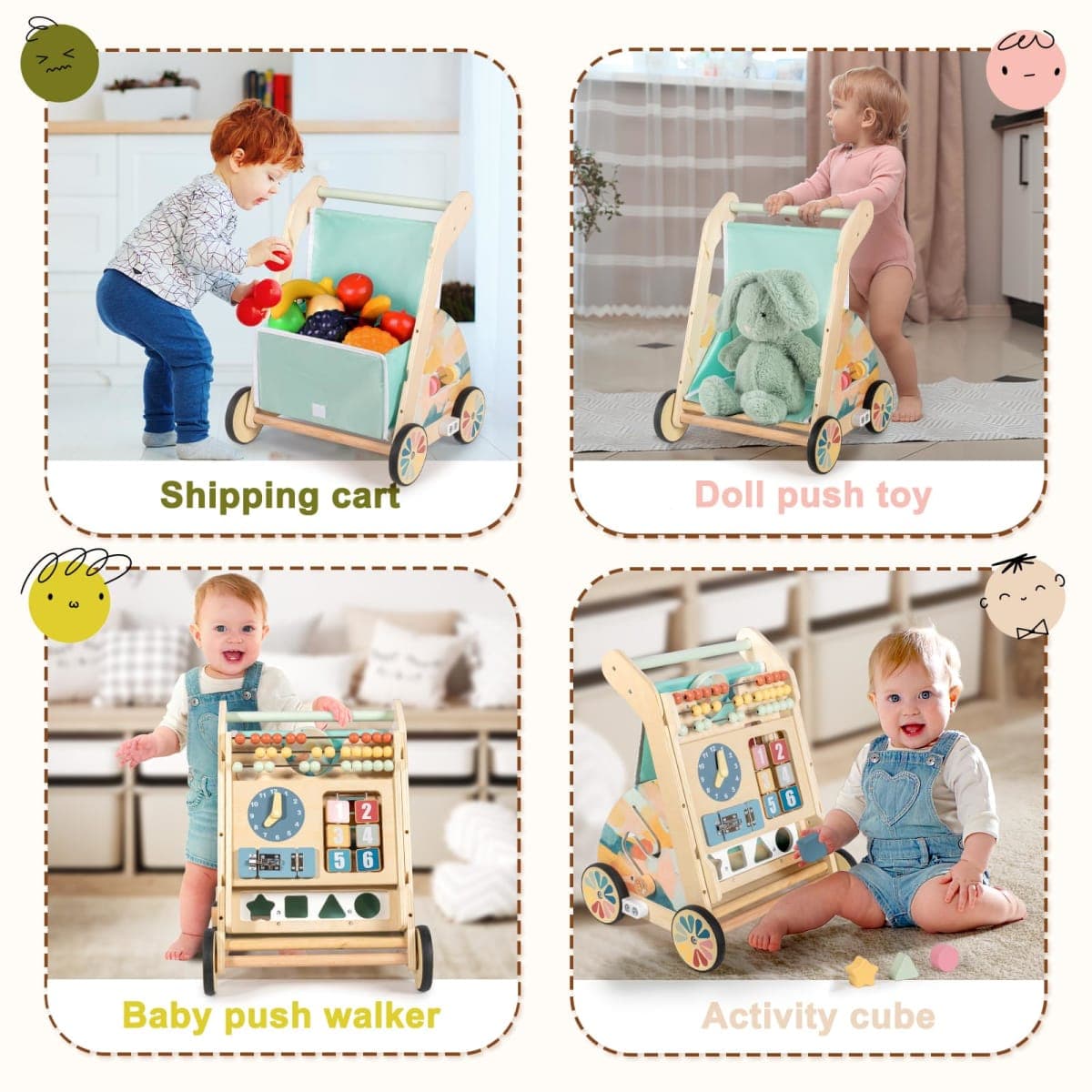 LOL-FUN Wooden Baby Walker with Detachable Busy Board, Push Walker for Baby with Adjustable Speed Wheels, Activity Learning Walker for Boys Girls 12 Months thumbnail 4