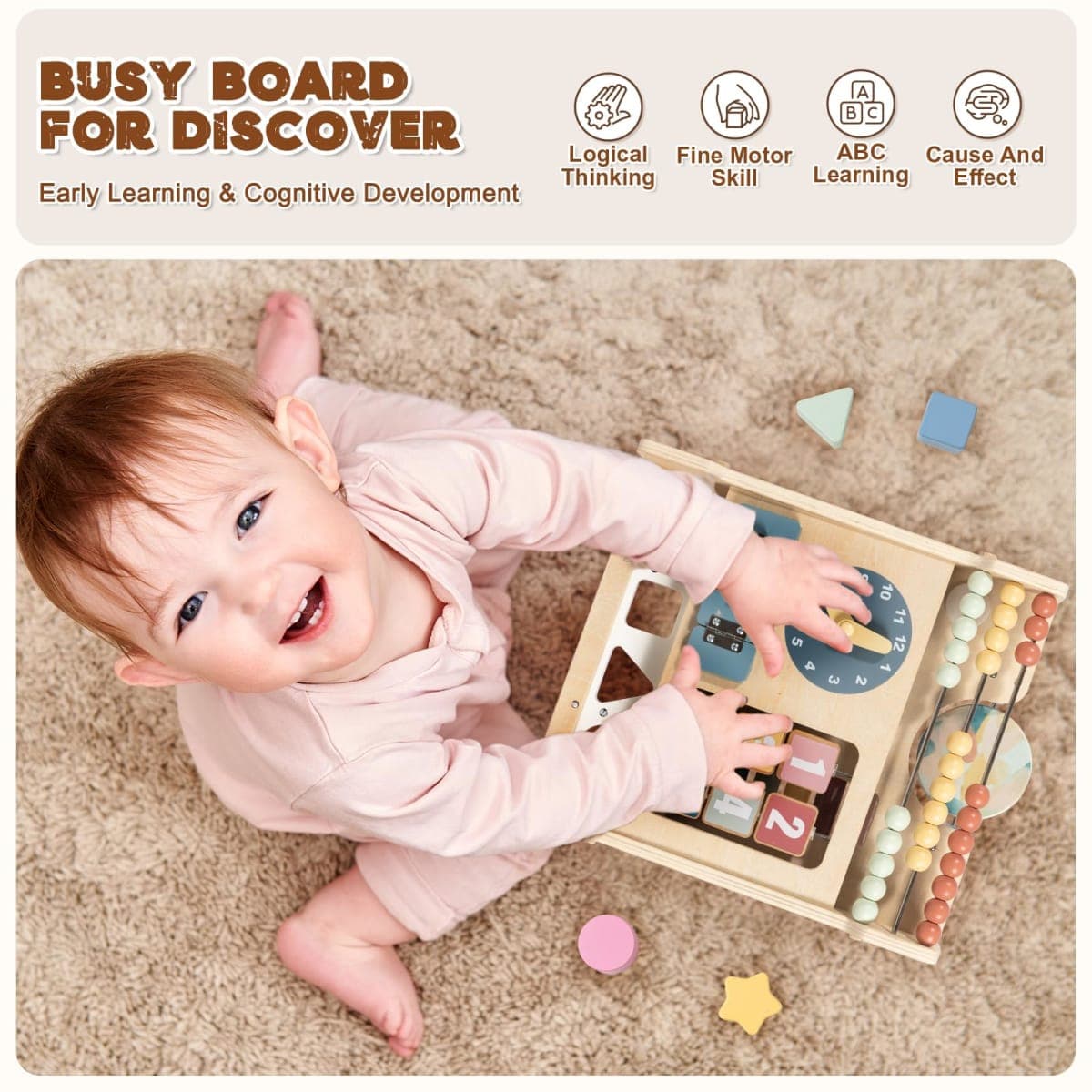 LOL-FUN Wooden Baby Walker with Detachable Busy Board, Push Walker for Baby with Adjustable Speed Wheels, Activity Learning Walker for Boys Girls 12 Months thumbnail 5