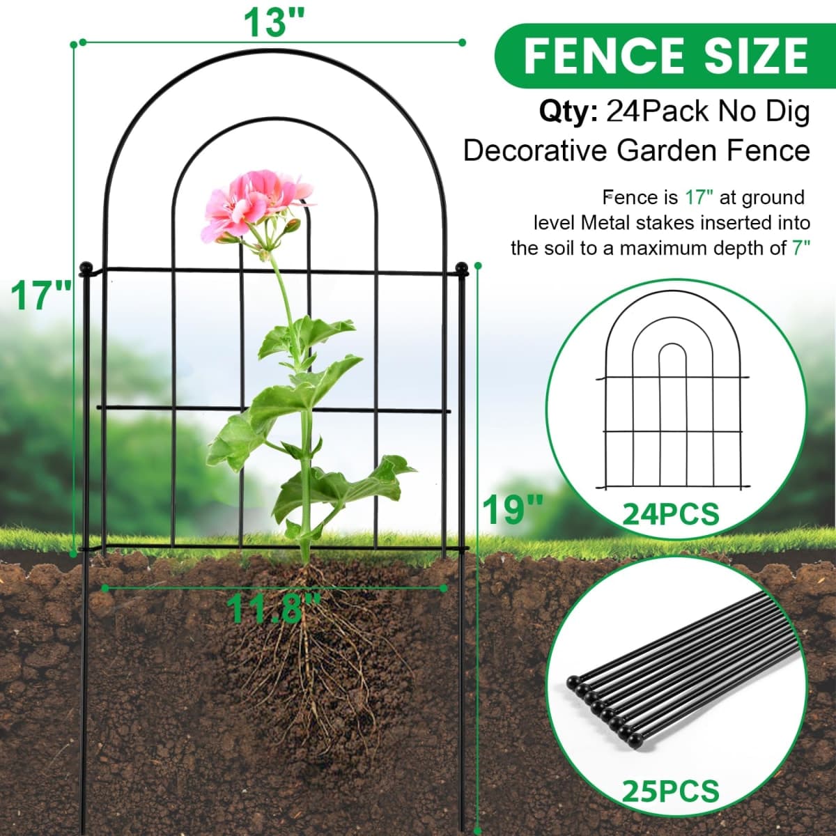 24 Pack Decorative Garden Fence Animal Barrier: 17 in(H) x 24 ft(L) Border Flower Rabbit Garden Fencing Small Arched Rustproof Metal No Dig Fence Landscape Decor for Yard thumbnail 2