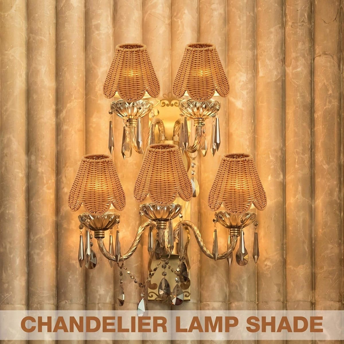 Glooglitter 2 Pcs Rattan Chandelier Lamp Shade Small Scalloped Lampshade 3" Top x 6" Bottom x 5-1/4" Slant Height, Empire Brown Lamp Shades Chandeliers, Candle Chandelier Wall Sconces or Accent Lamps thumbnail 3