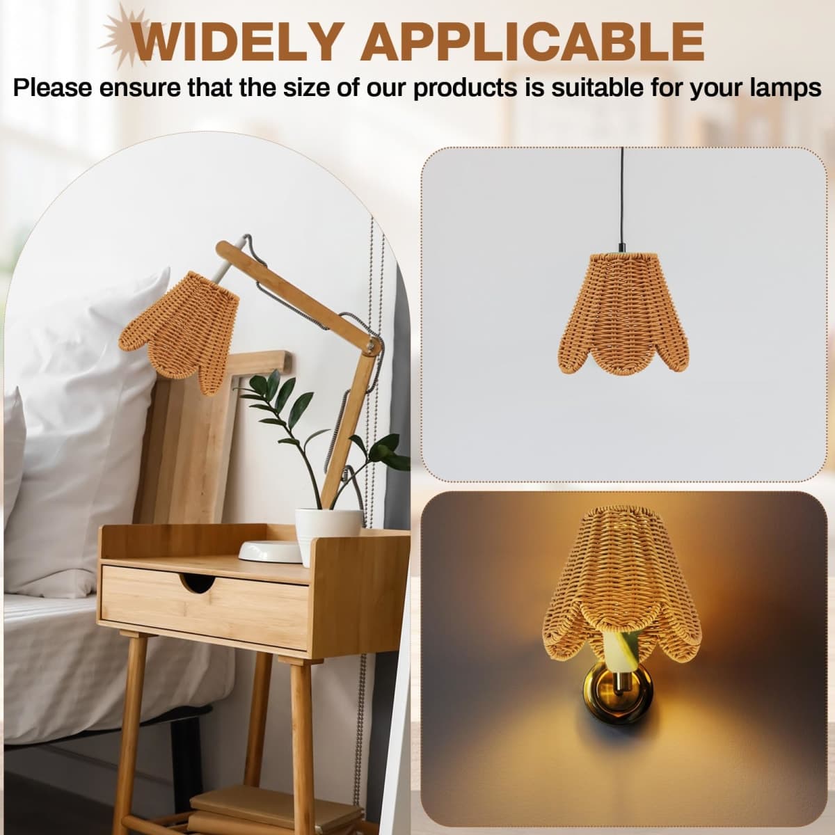 Glooglitter 2 Pcs Rattan Chandelier Lamp Shade Small Scalloped Lampshade 3" Top x 6" Bottom x 5-1/4" Slant Height, Empire Brown Lamp Shades Chandeliers, Candle Chandelier Wall Sconces or Accent Lamps thumbnail 4