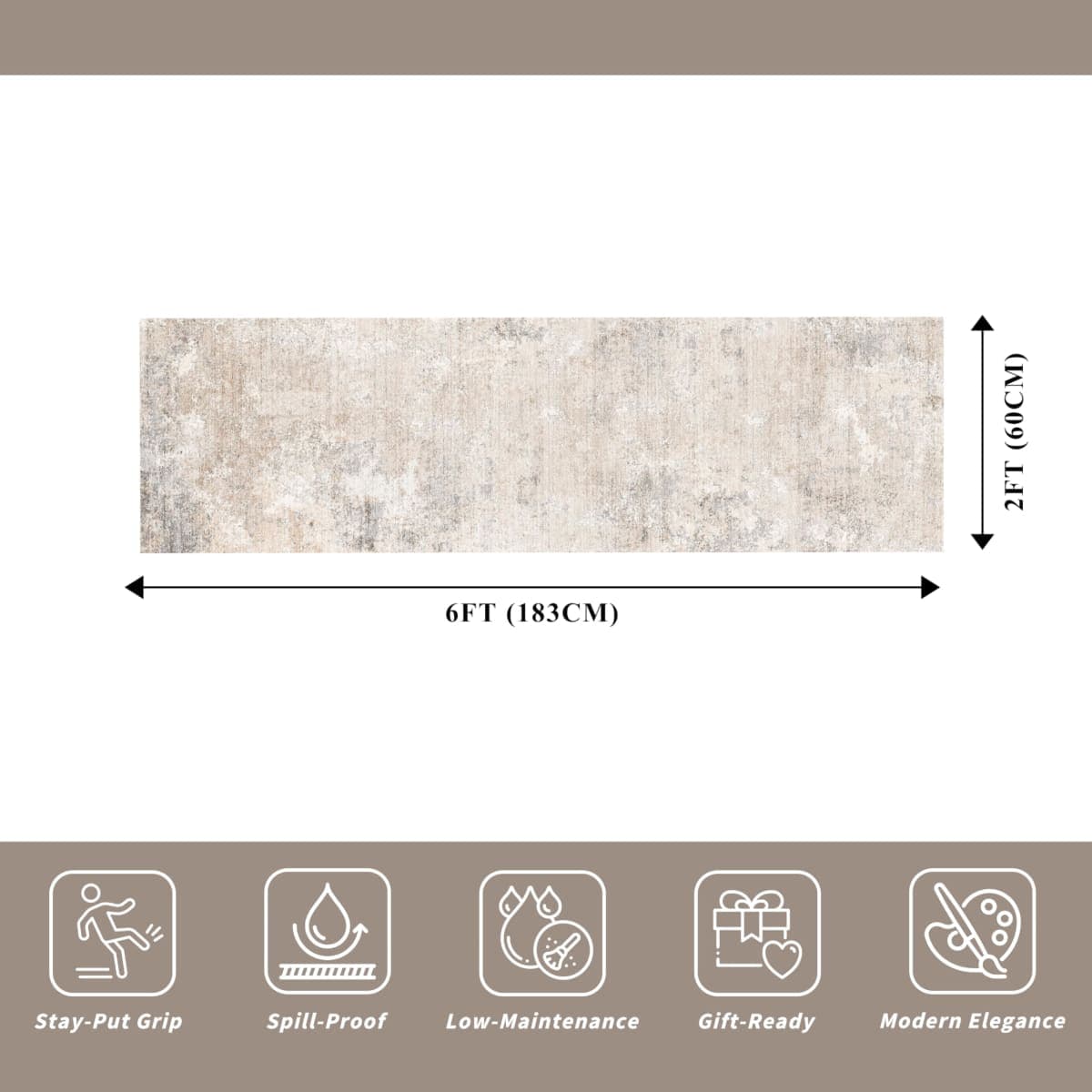 2x6ft Non-Slip Washable Kitchen Rug - Modern Carpet Runner for Hallway,Bedroom Bedside,Laundry Room,Entryway with Rubber Backing – Abstract Neutral Low-Pile Thin (Beige Grey,2x6) thumbnail 2