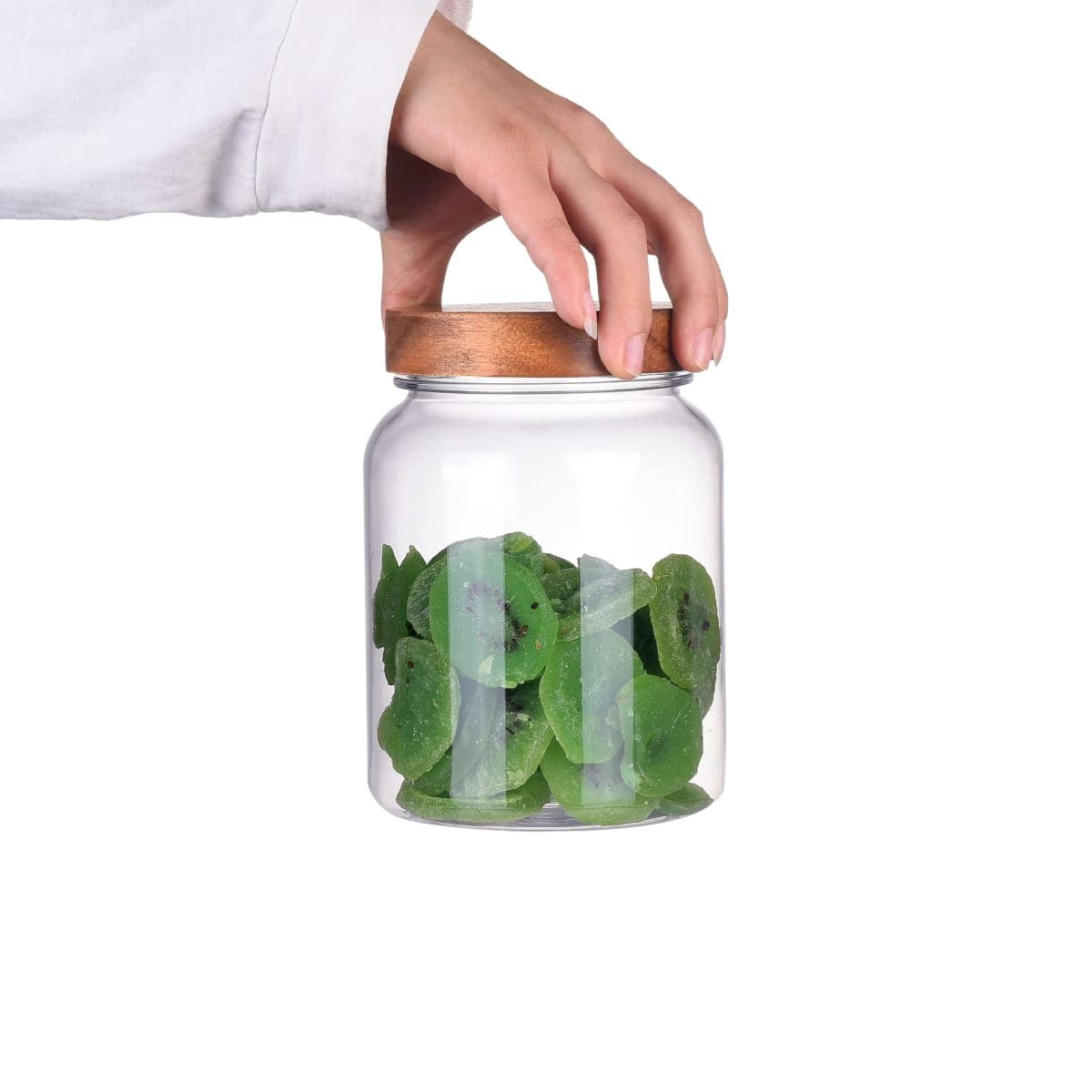 YUEJUM 42 Fluid Ounces Unbreakable & Dishwasher Safe Plastic Apothecary Jar with Wooden Airtight Screw Top Lid, Food Storage Canister for Sugar, Tea, Spices, Coffee, Cookie, Candy Containers thumbnail 4