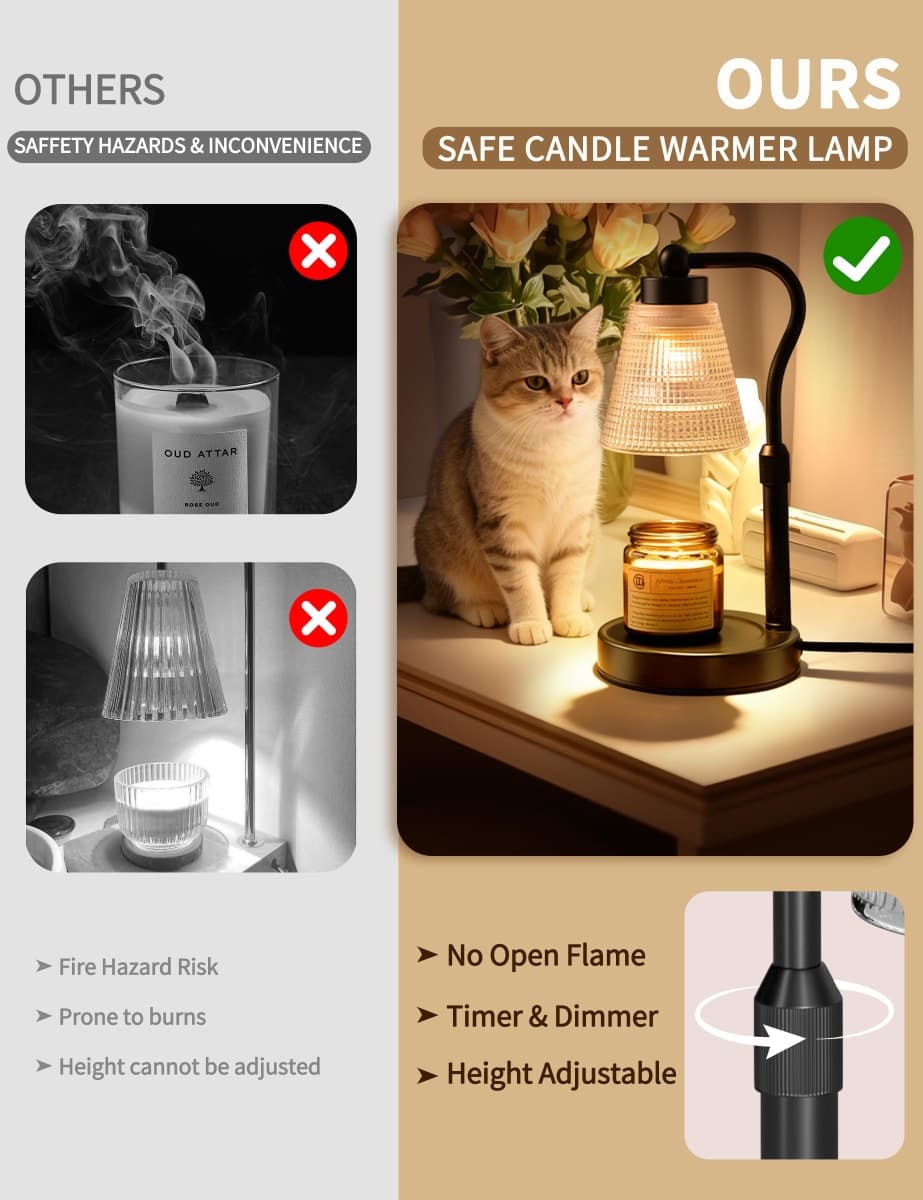 Candle Warmer Lamp for Jar Candles, Height Adjustable & Dimmable with 2/4/8H Timer, 2*50W Halogen Wax Melter Warmer for Home Office Décor, Flameless & Smokeless, Gift for Women Mom, Black-Clear/1 Pack thumbnail 2