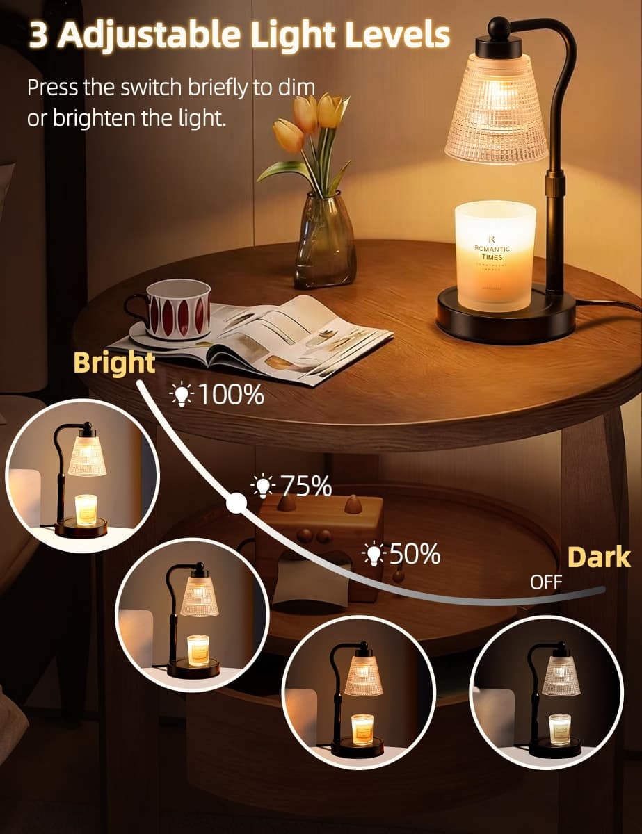 Candle Warmer Lamp for Jar Candles, Height Adjustable & Dimmable with 2/4/8H Timer, 2*50W Halogen Wax Melter Warmer for Home Office Décor, Flameless & Smokeless, Gift for Women Mom, Black-Clear/1 Pack thumbnail 3