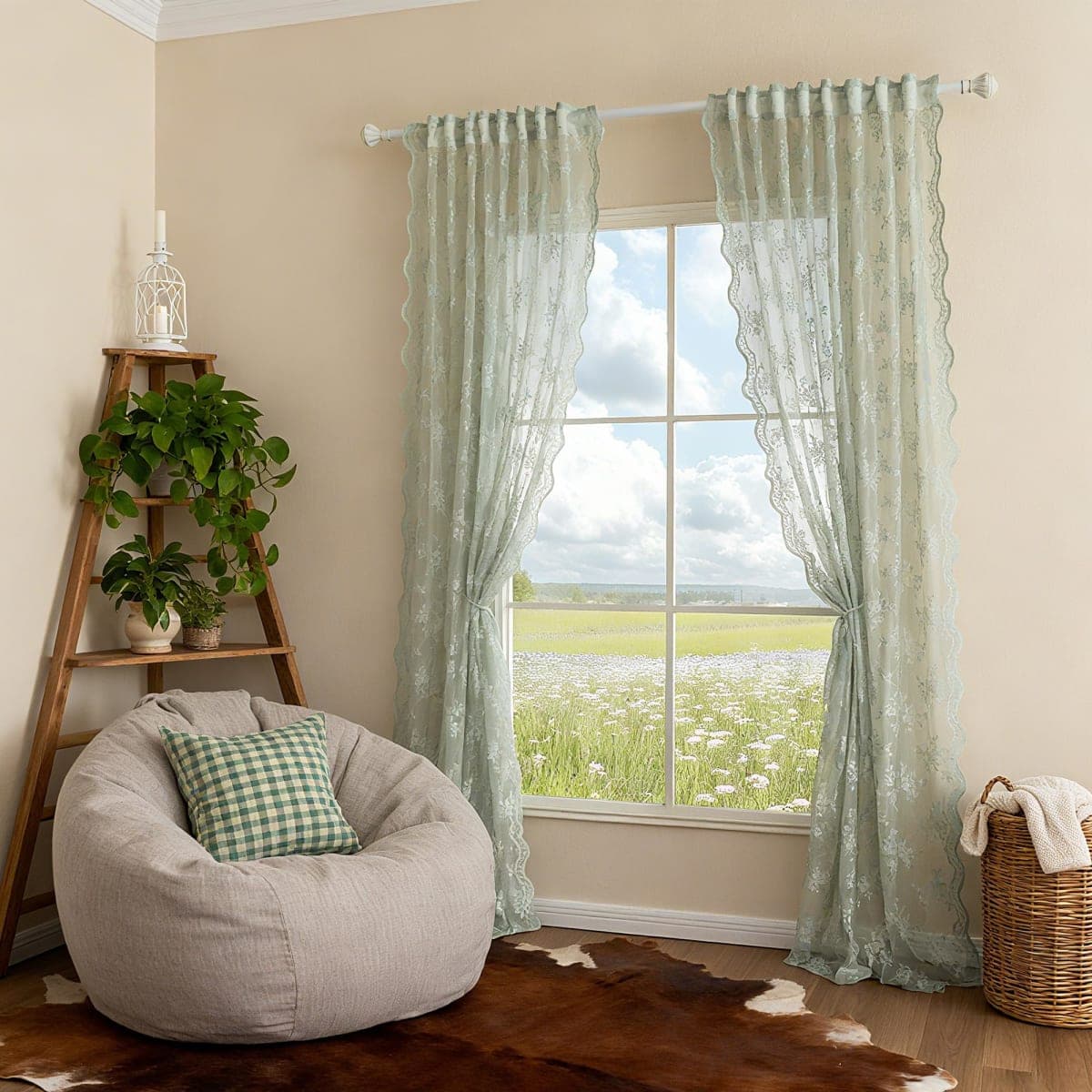 MEETSKY Lace Sheer Curtains 63 Inch Length Sage Green Spring Curtains thumbnail 5