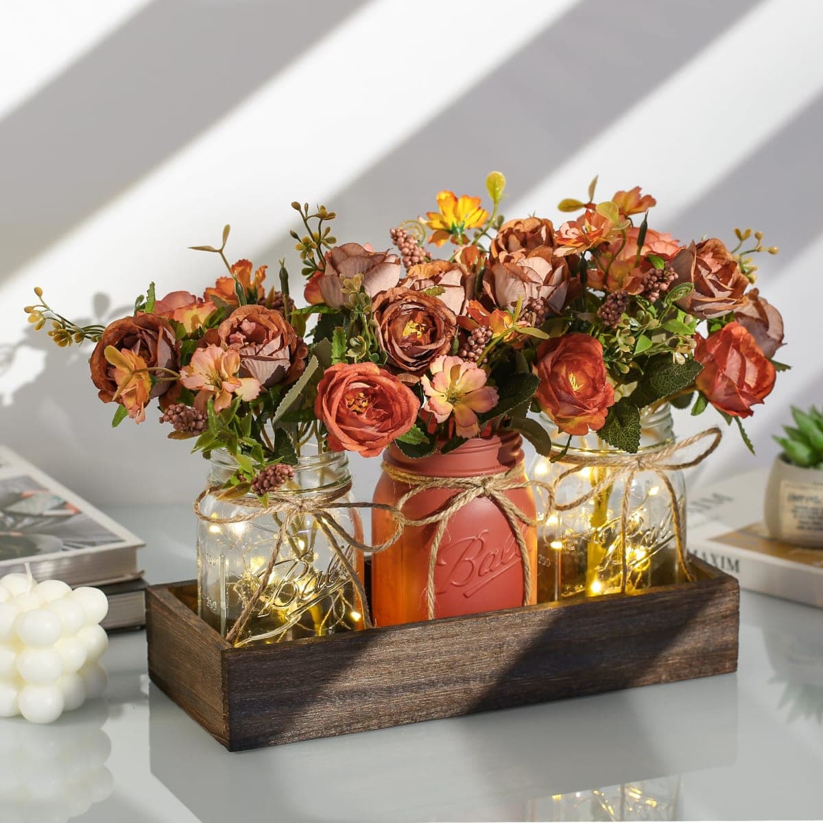 DUOER 3 Pcs Mason Jar Centerpiece Table Decorations for Dining Table Decor Farmhouse Coffee Table Decor with Wood Tray and Led Light Table Centerpieces for Dining room Kitchen Living Bathroom,Orange thumbnail 2