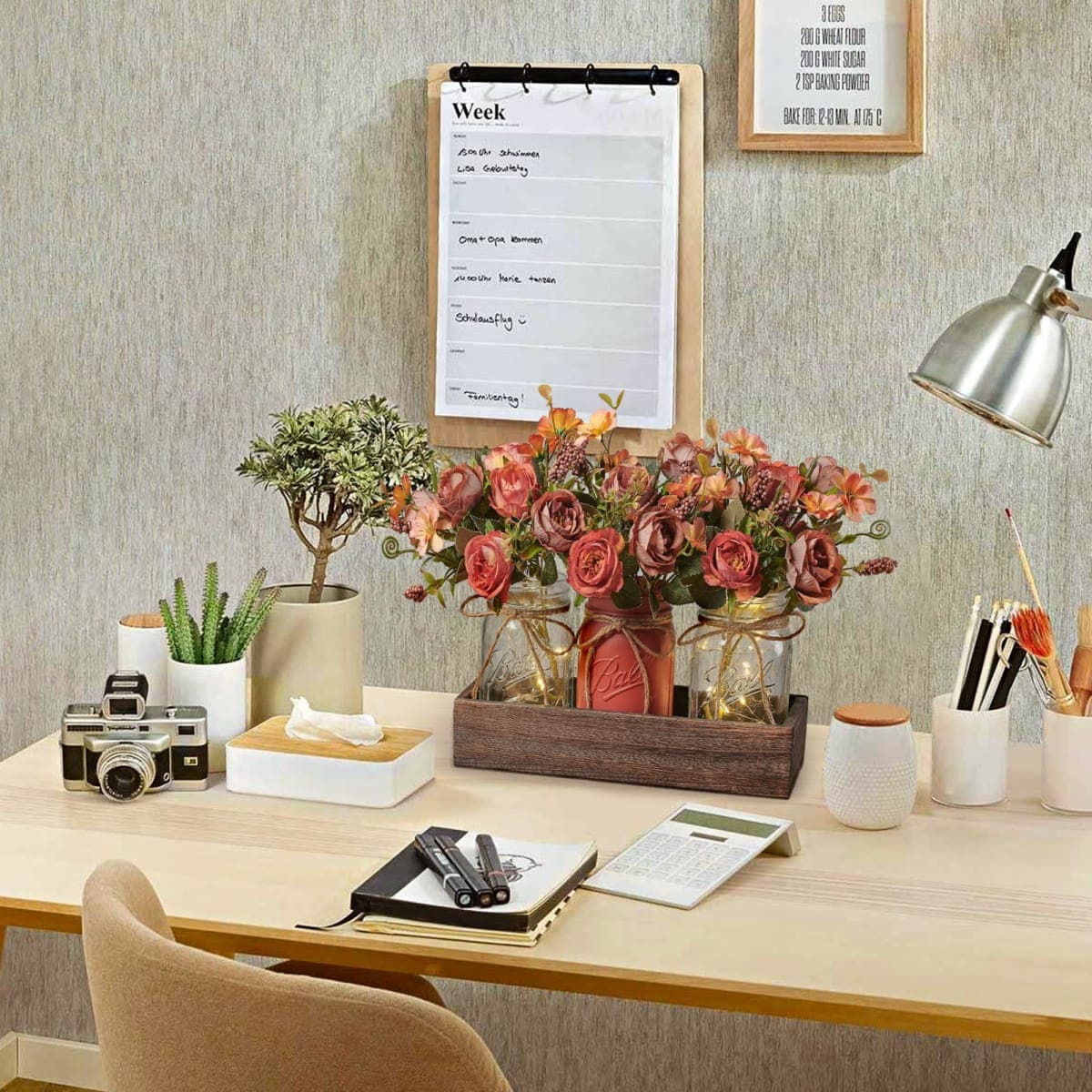 DUOER 3 Pcs Mason Jar Centerpiece Table Decorations for Dining Table Decor Farmhouse Coffee Table Decor with Wood Tray and Led Light Table Centerpieces for Dining room Kitchen Living Bathroom,Orange thumbnail 3