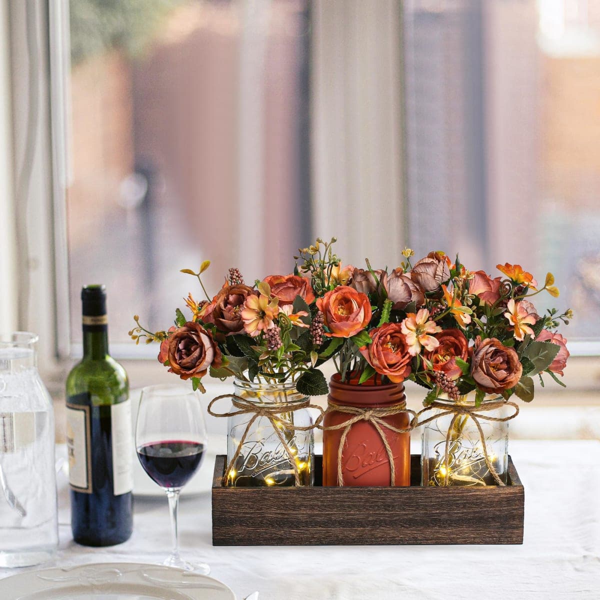 DUOER 3 Pcs Mason Jar Centerpiece Table Decorations for Dining Table Decor Farmhouse Coffee Table Decor with Wood Tray and Led Light Table Centerpieces for Dining room Kitchen Living Bathroom,Orange thumbnail 4