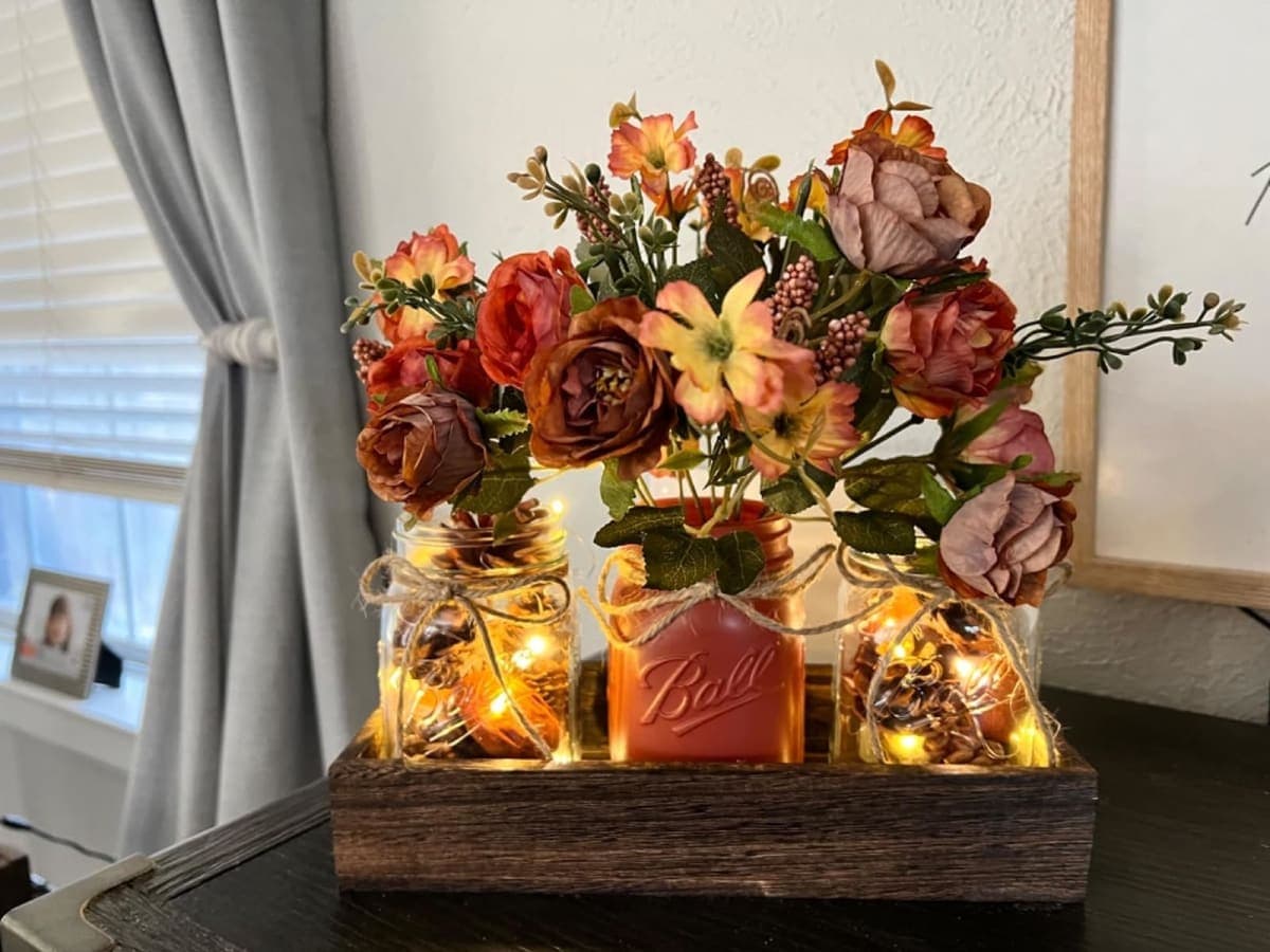 DUOER 3 Pcs Mason Jar Centerpiece Table Decorations for Dining Table Decor Farmhouse Coffee Table Decor with Wood Tray and Led Light Table Centerpieces for Dining room Kitchen Living Bathroom,Orange thumbnail 5