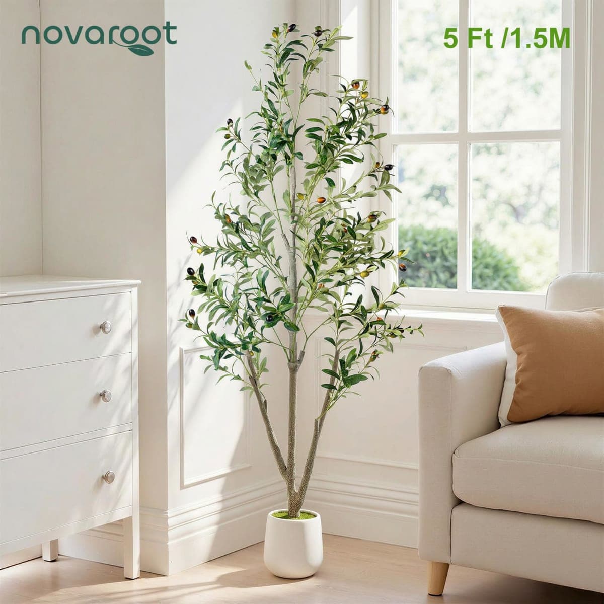 Olive Trees Artificial Indoor, 5FT Tall Faux Olive Tree with Moss and Planter, Artificial Plants Indoor with Natural Wood Trunk and Lifelike Fruits, Fake Tree for Home Office Living Room Decor thumbnail 2