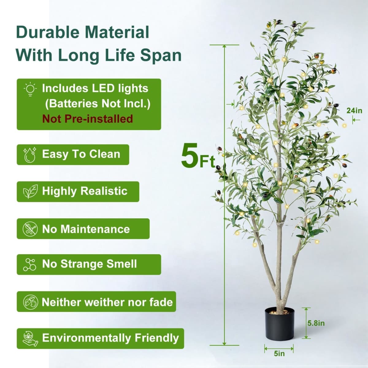 Olive Trees Artificial Indoor, 5FT Tall Faux Olive Tree with Moss and Planter, Artificial Plants Indoor with Natural Wood Trunk and Lifelike Fruits, Fake Tree for Home Office Living Room Decor thumbnail 3