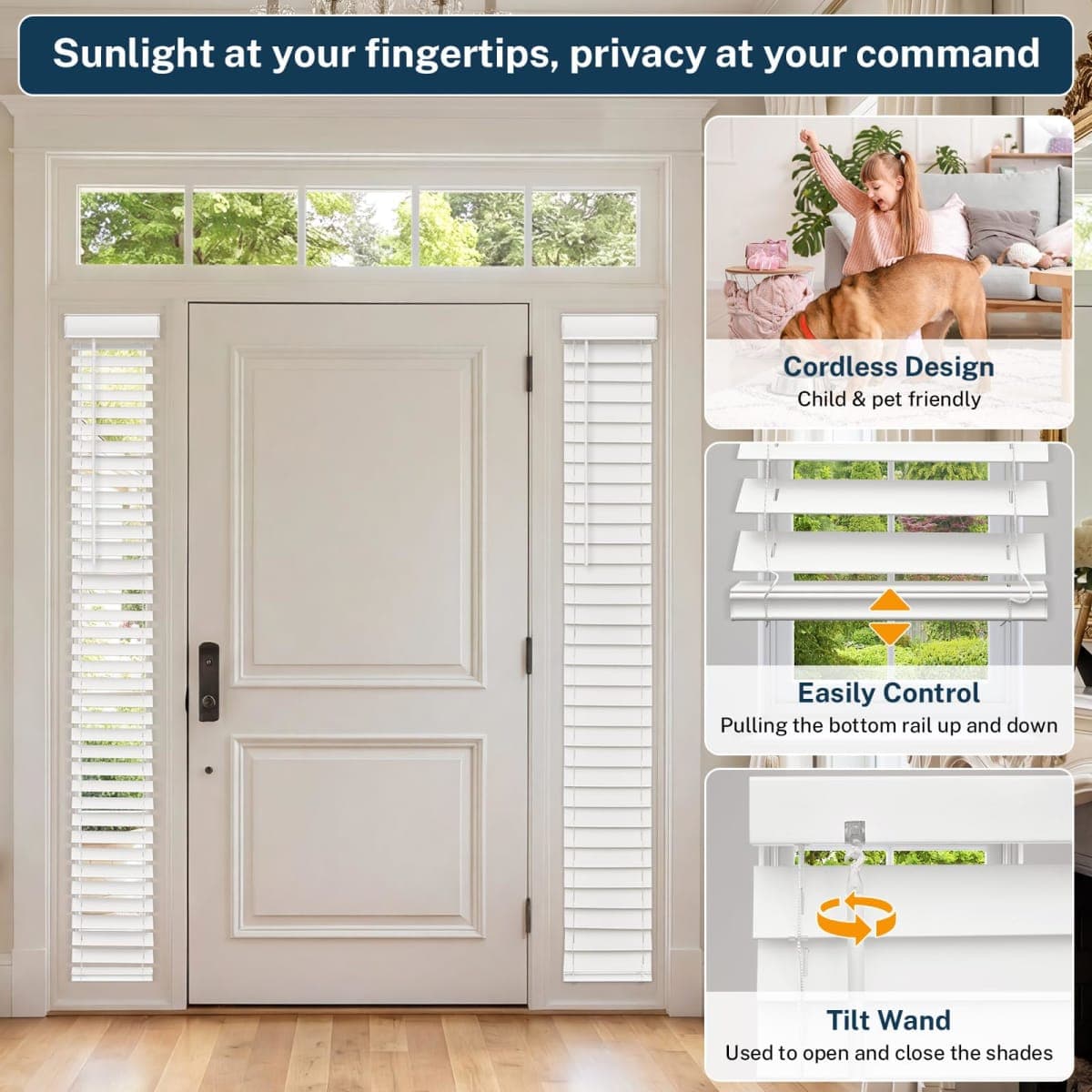 Pasoun Cordless Sidelight Blinds, 12" W x 72" H White Faux Wood Horizontal Window Blinds for Front Door, 2" Slats with Adjustable Tilt Wand, Privacy & Light Control for Narrow Windows and Entryways thumbnail 3