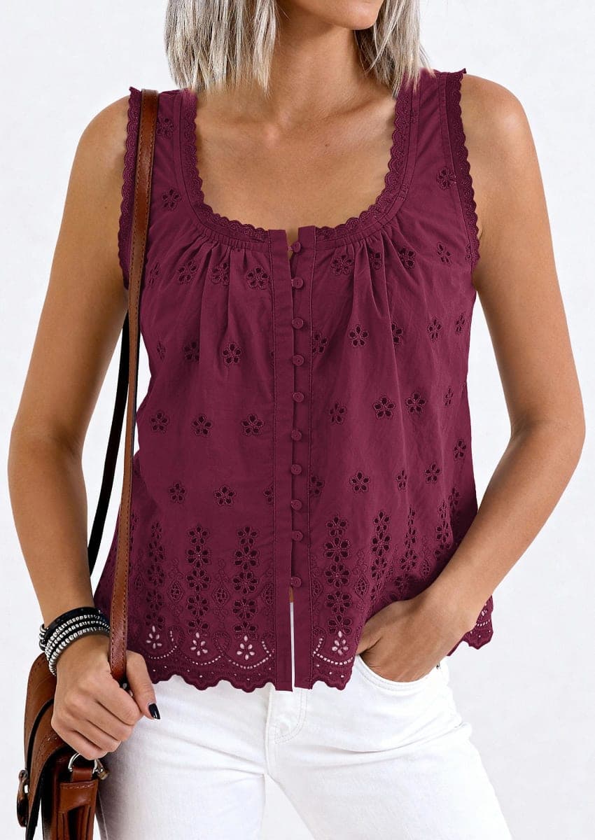 PRETTYGARDEN Womens Tank Tops 2026 Summer Button Down Shirts Embroidered Eyelet Dressy Casual Blouses Beach Vacation Clothes (Burgundy,Medium) thumbnail 2