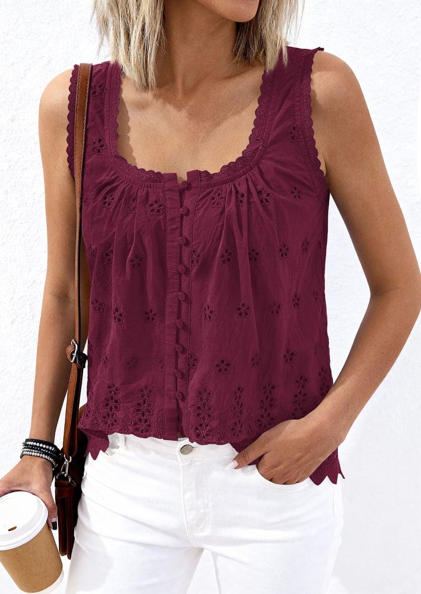 PRETTYGARDEN Womens Tank Tops 2026 Summer Button Down Shirts Embroidered Eyelet Dressy Casual Blouses Beach Vacation Clothes (Burgundy,Medium) thumbnail 3