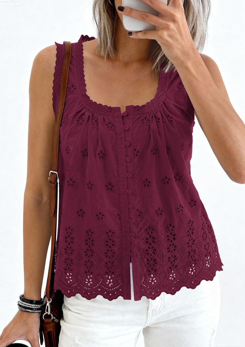 PRETTYGARDEN Womens Tank Tops 2026 Summer Button Down Shirts Embroidered Eyelet Dressy Casual Blouses Beach Vacation Clothes (Burgundy,Medium) thumbnail 4