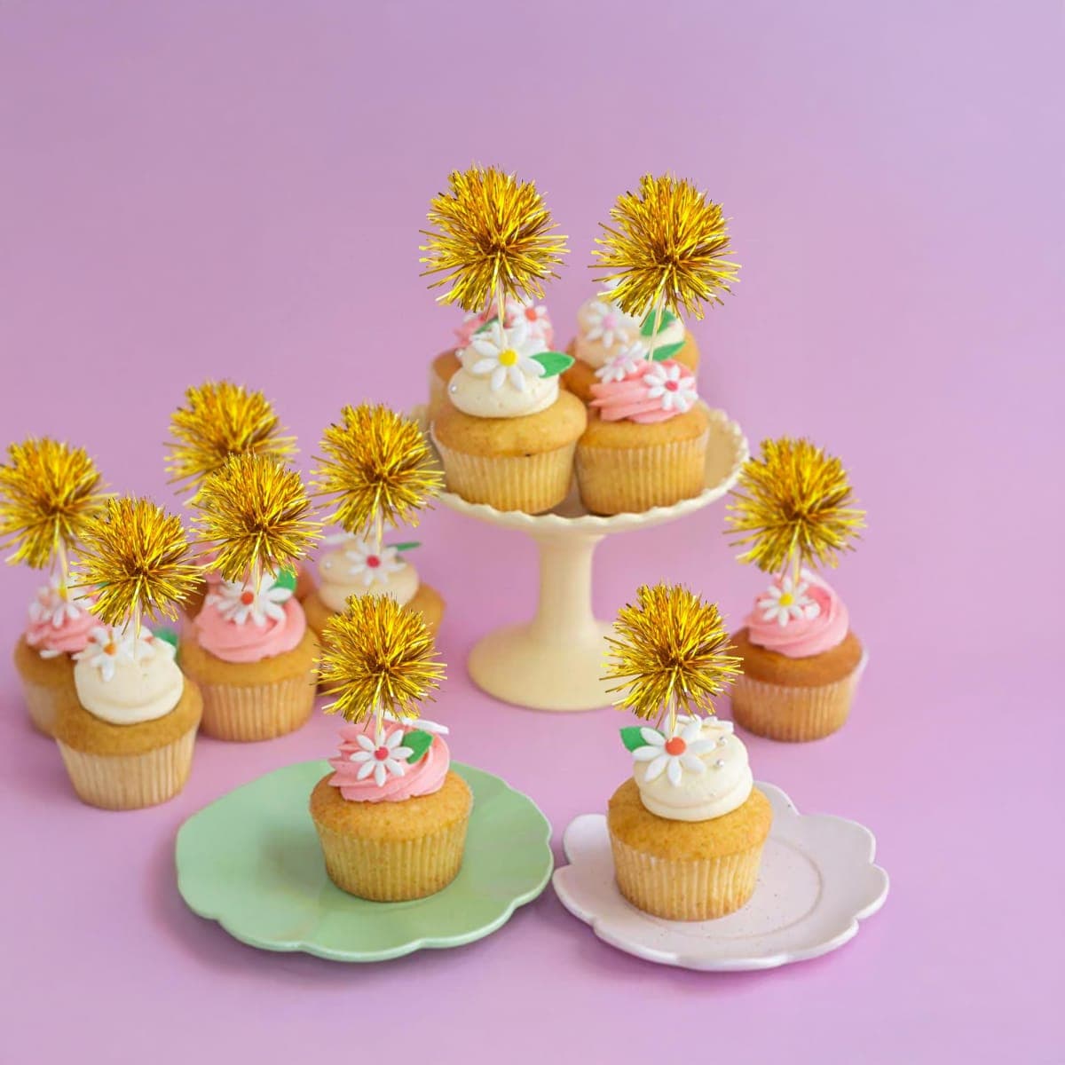 Gyufise 30Pcs Foil Firework Cupcake Toppers Sparkle Tinsel Cake Toppers Tinsel Drink Cake Decoration Cocktail Picks for Birthday Wedding Graduation Party Supplies Dark Gold thumbnail 4