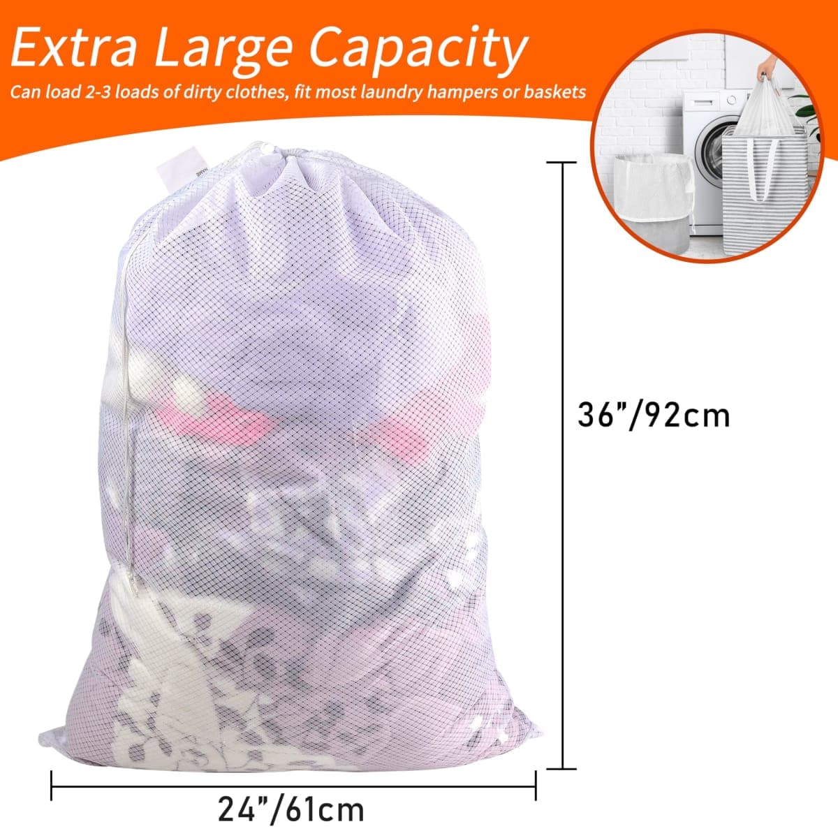 Polecasa Heavy Duty Diamond Mesh Laundry Bag, Extra Large, 24x36", White thumbnail 3